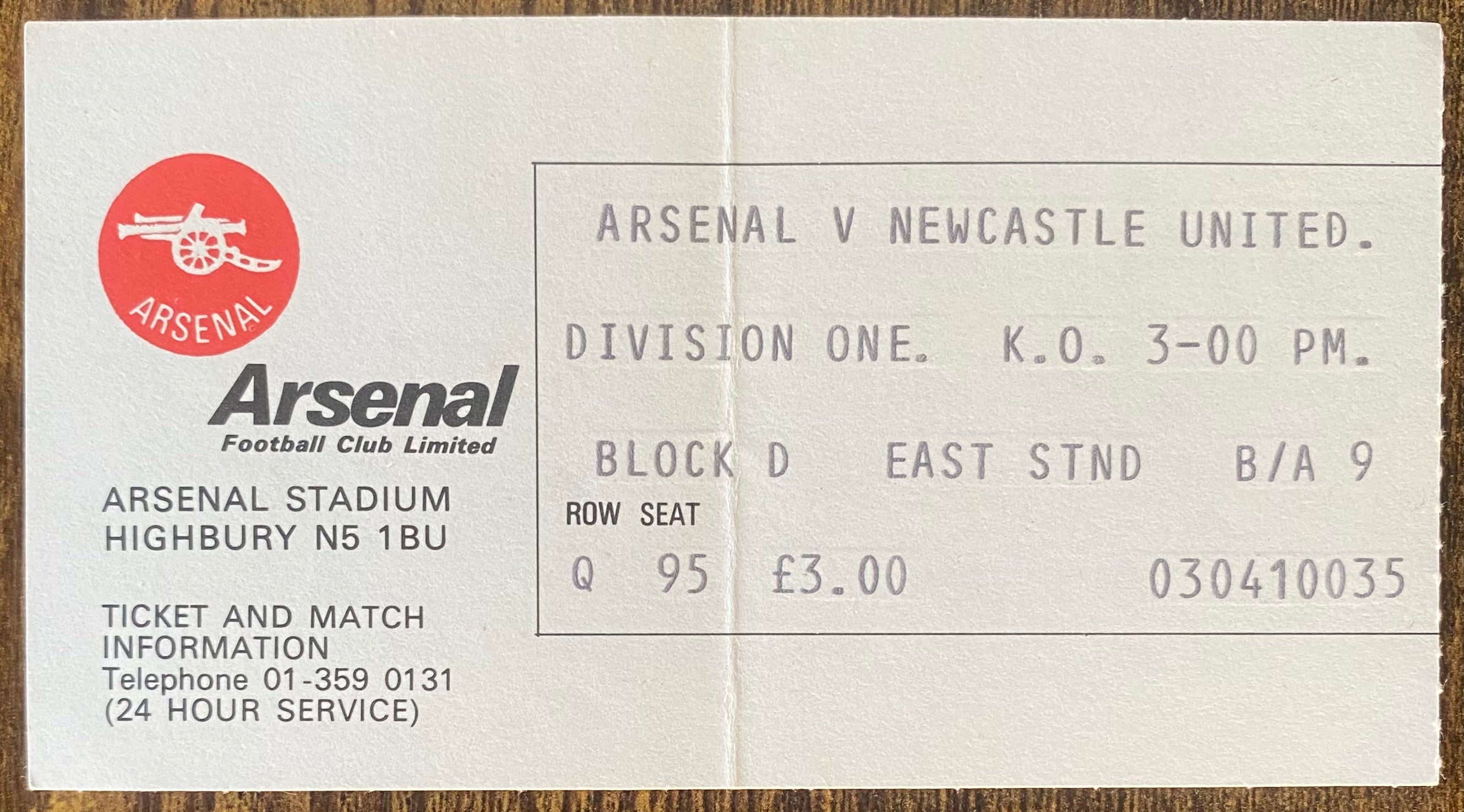 1977/78 ORIGINAL DIVISION ONE TICKET ARSENAL V NEWCASTLE UNITED