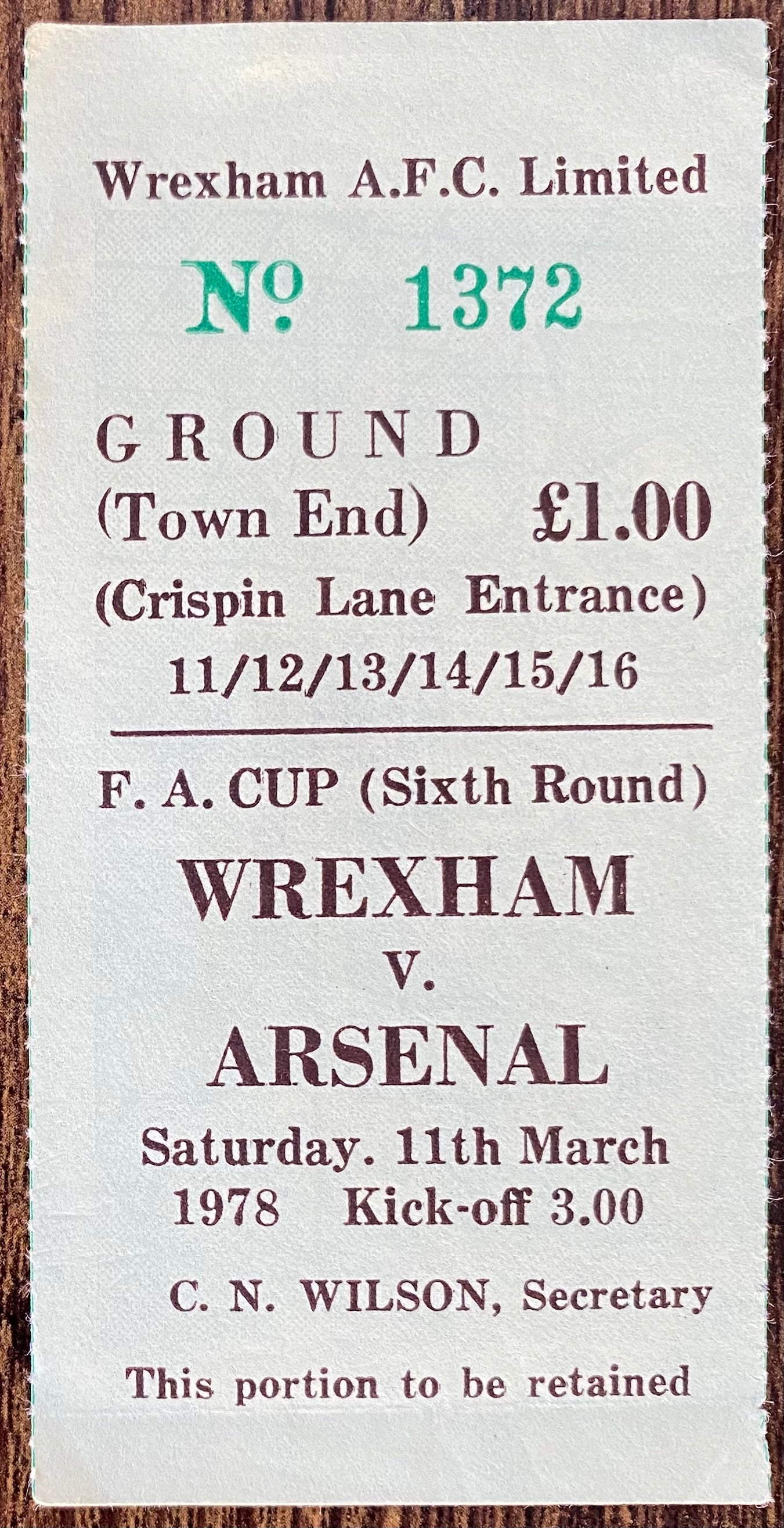1977/78 ORIGINAL FA CUP 6TH ROUND TICKET WREXHAM V ARSENAL