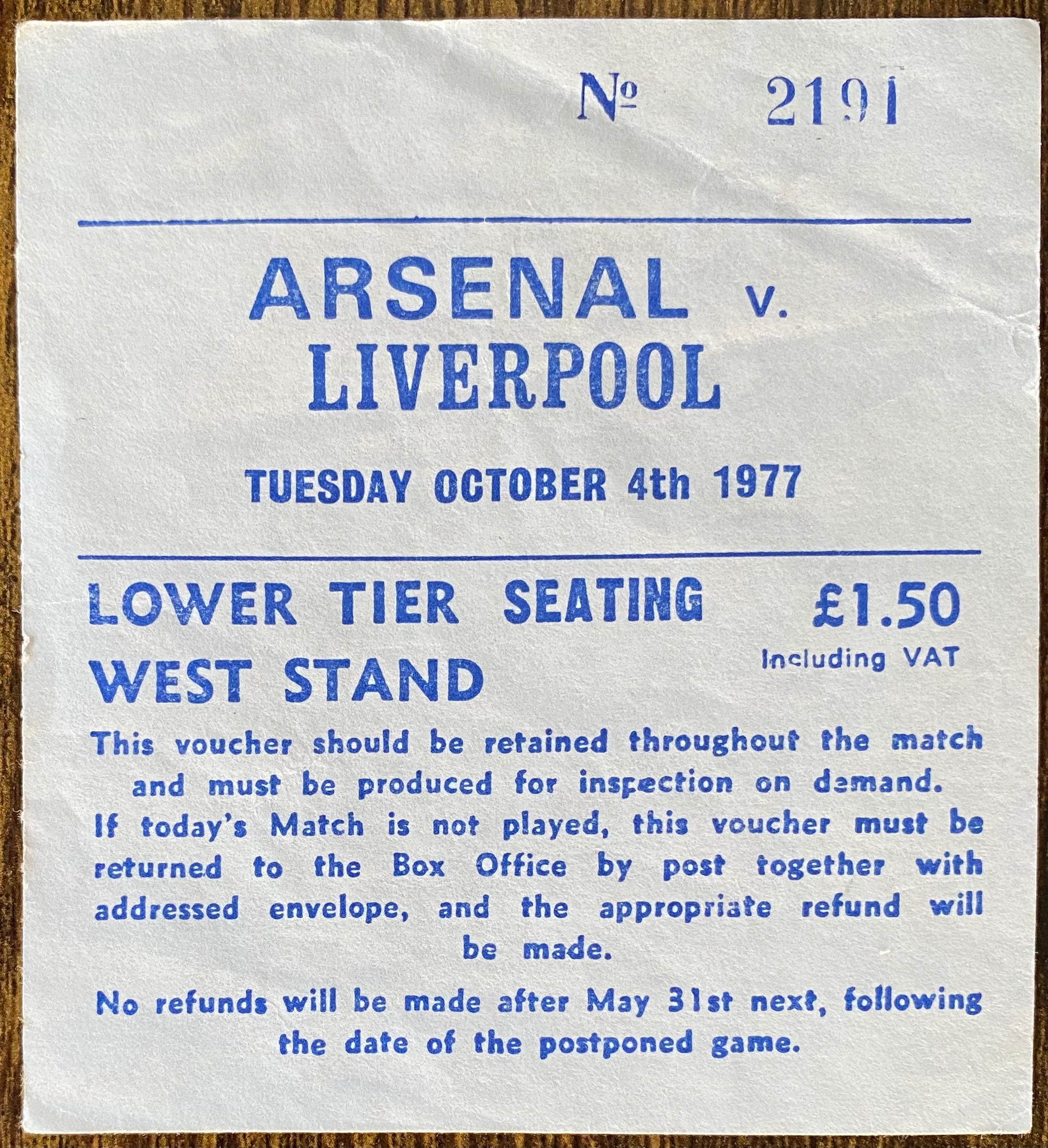 1977/78 ORIGINAL DIVISION ONE TICKET ARSENAL V LIVERPOOL