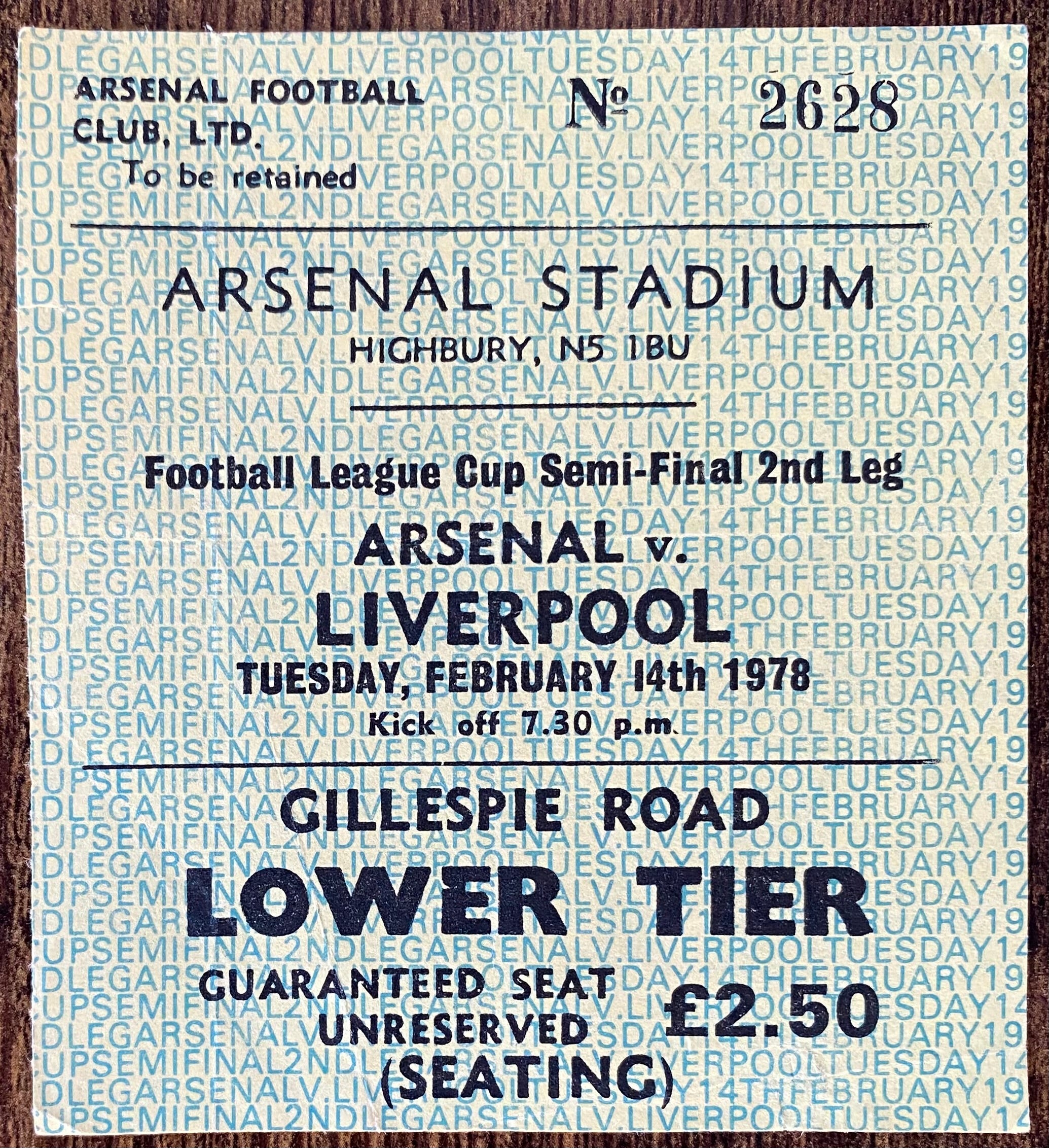 1977/78 ORIGINAL FOOTBALL LEAGUE CUP SEMI FINAL 2ND LEG TICKET ARSENAL V LIVERPOOL