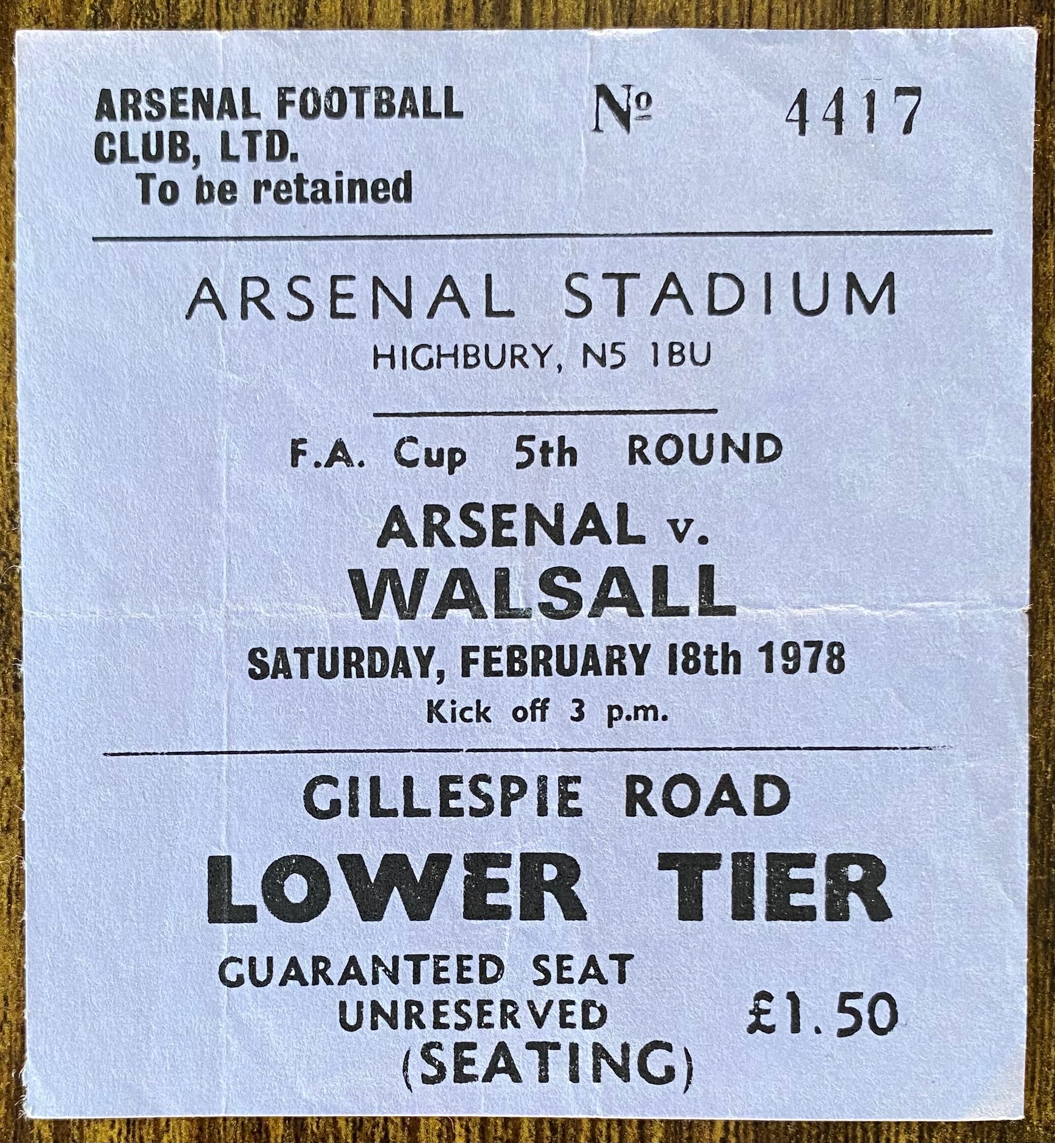 1977/78 ORIGINAL FA CUP 5TH ROUND TICKET ARSENAL V WALSALL