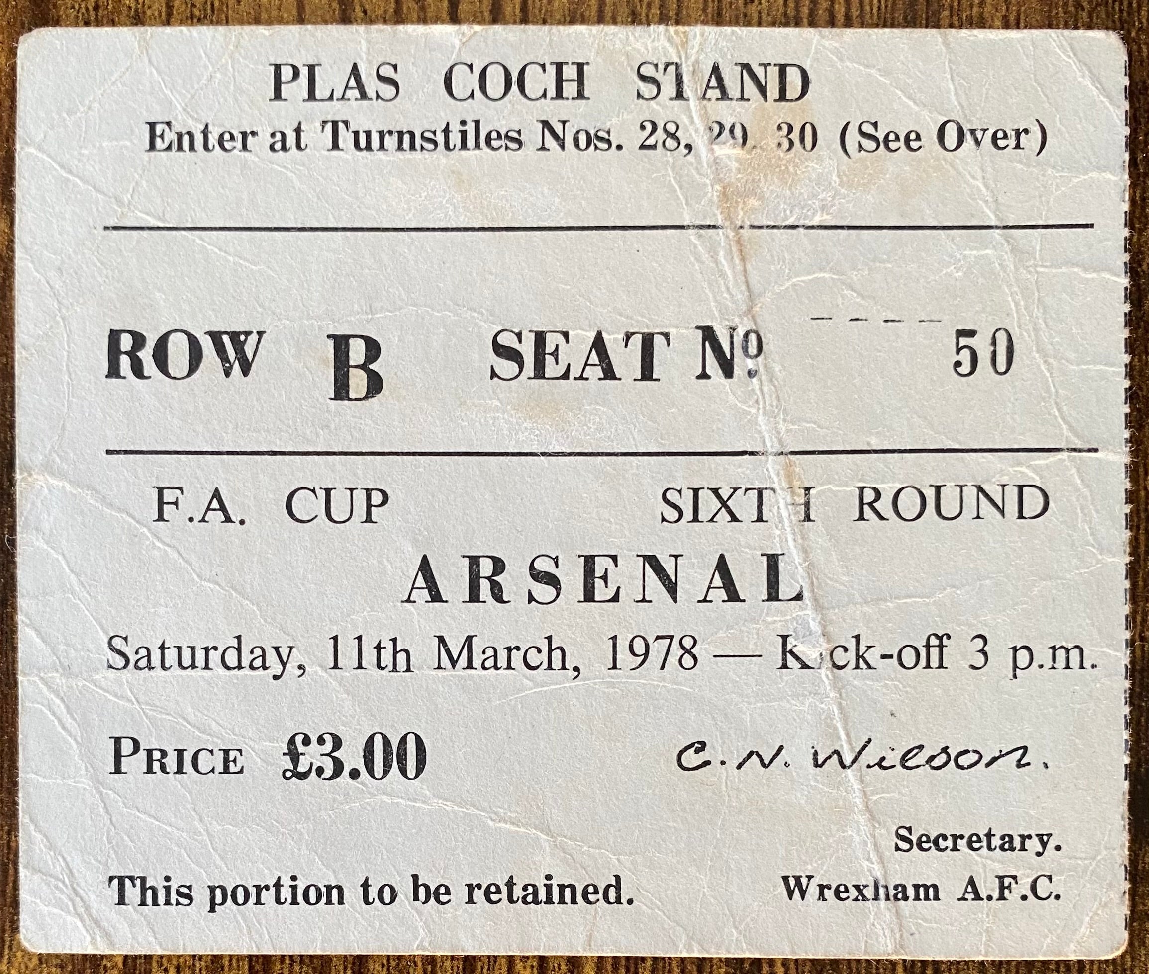 1977/78 ORIGINAL FA CUP 6TH ROUND TICKET WREXHAM V ARSENAL