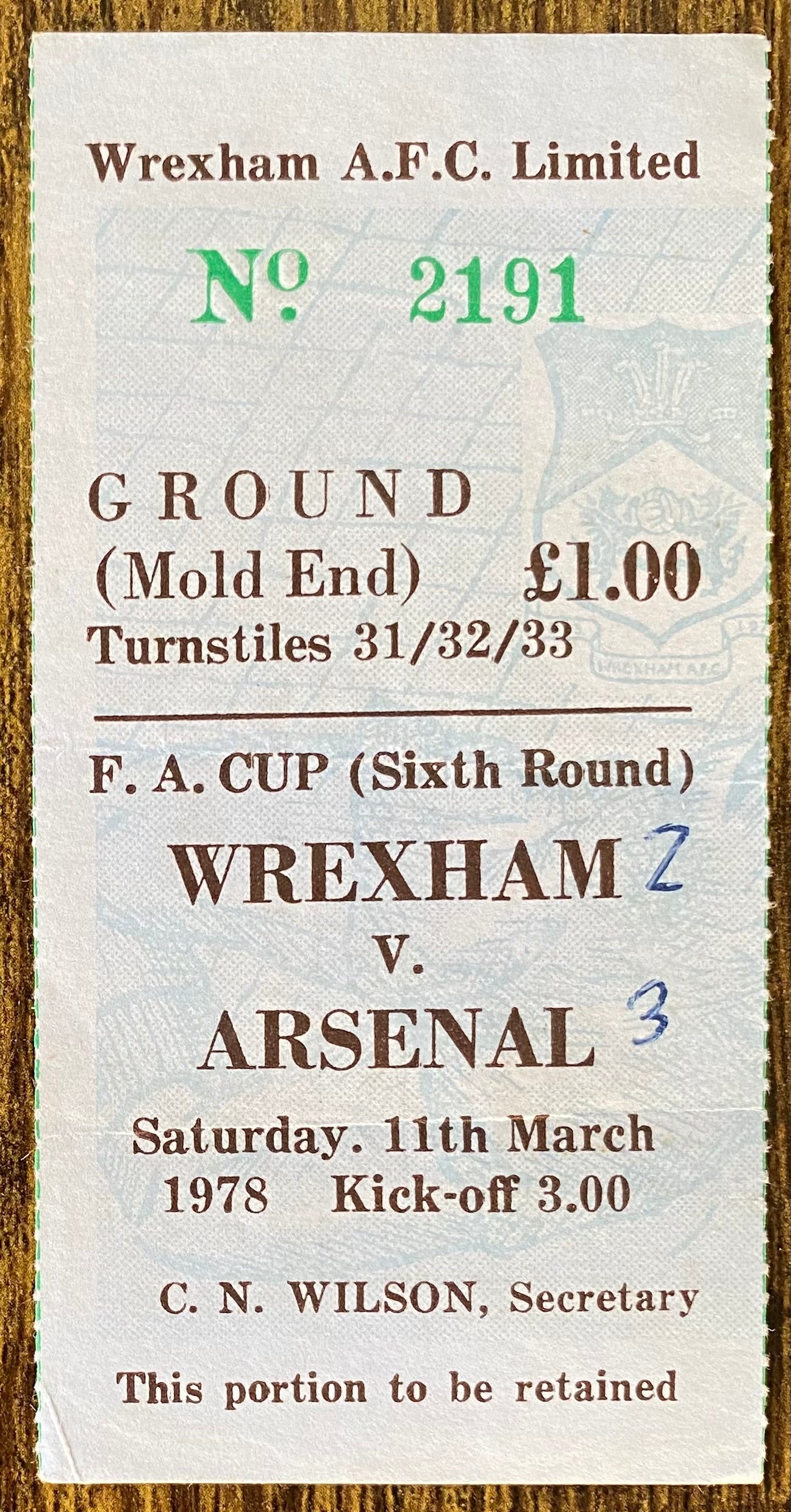 1977/78 ORIGINAL FA CUP 6TH ROUND TICKET WREXHAM V ARSENAL