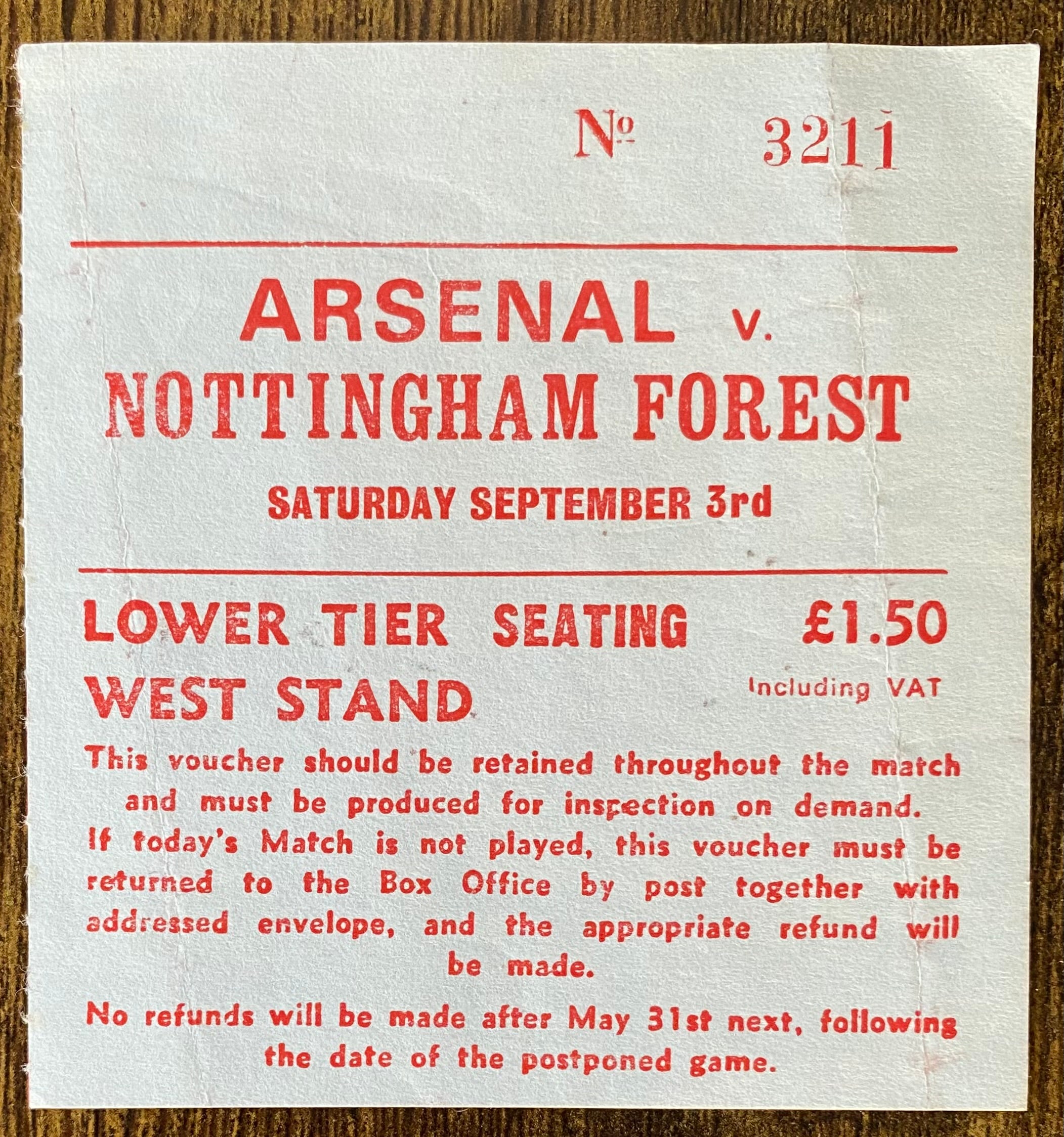 1977/78 ORIGINAL DIVISION ONE TICKET ARSENAL V NOTTINGHAM FOREST