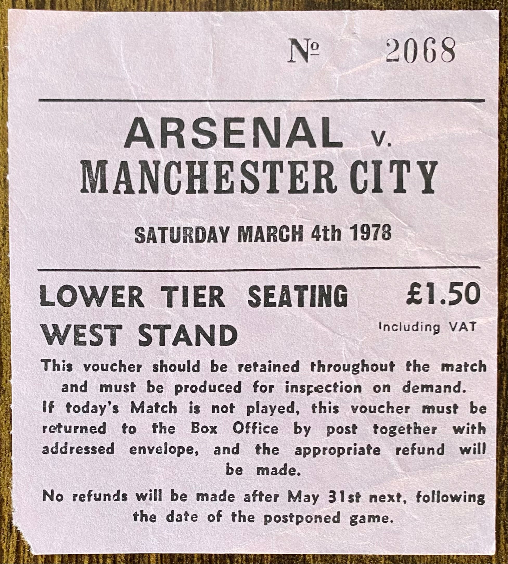 1977/78 ORIGINAL DIVISION ONE TICKET ARSENAL V MANCHESTER CITY