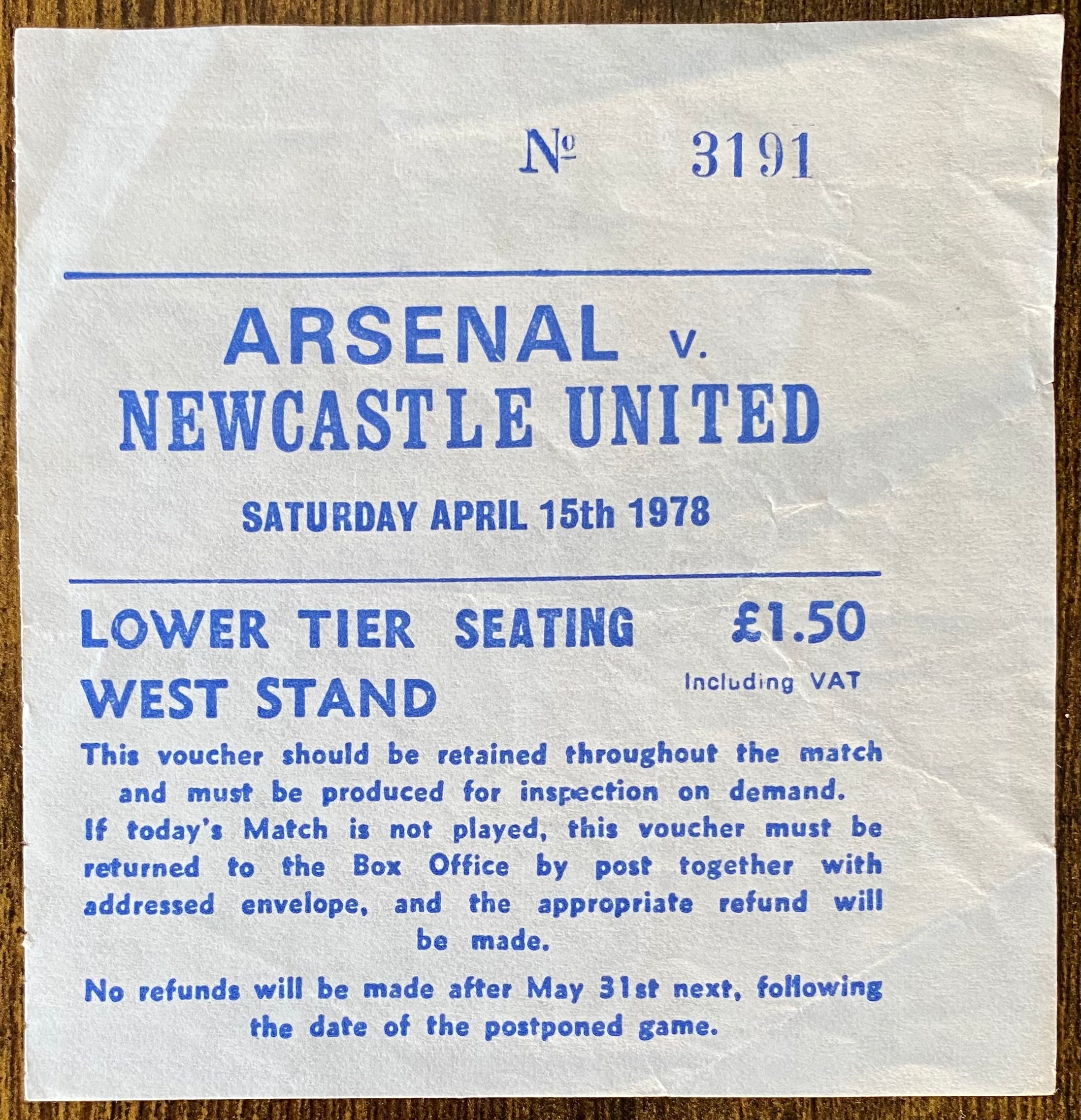 1977/78 ORIGINAL DIVISION ONE TICKET ARSENAL V NEWCASTLE UNITED