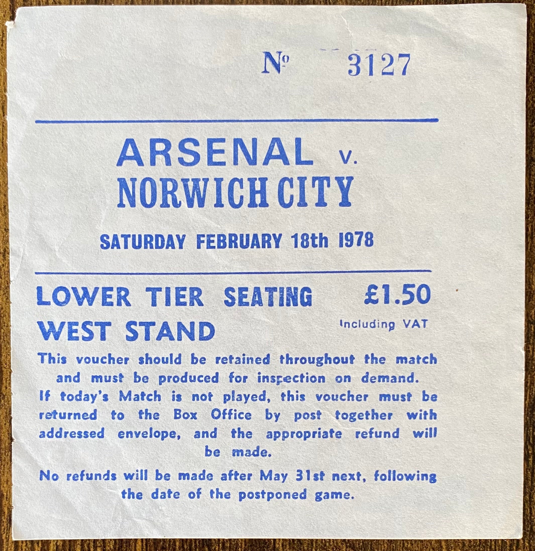 1977/78 ORIGINAL DIVISION ONE TICKET ARSENAL V NORWICH CITY