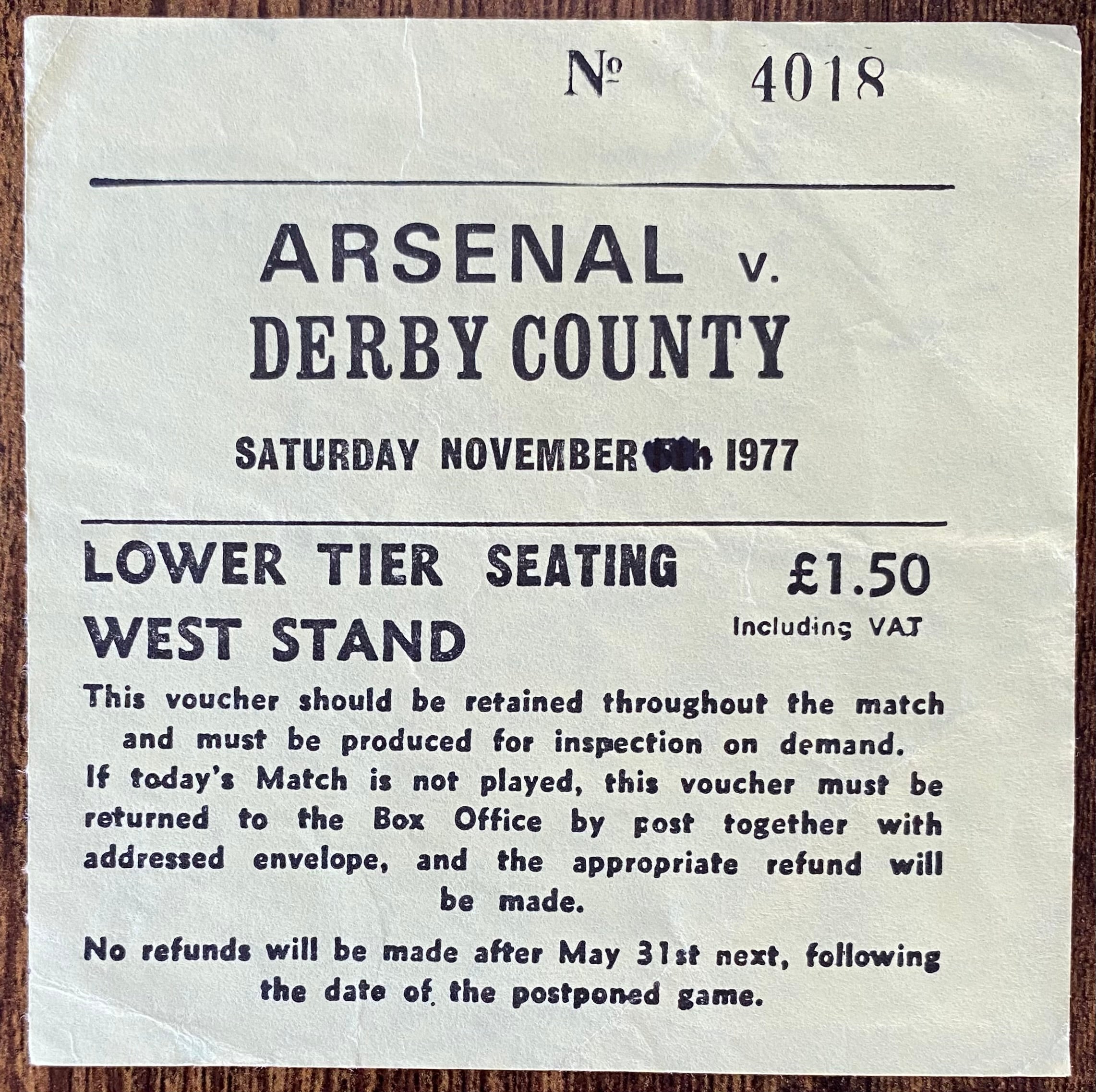 1977/78 ORIGINAL DIVISION ONE TICKET ARSENAL V DERBY COUNTY