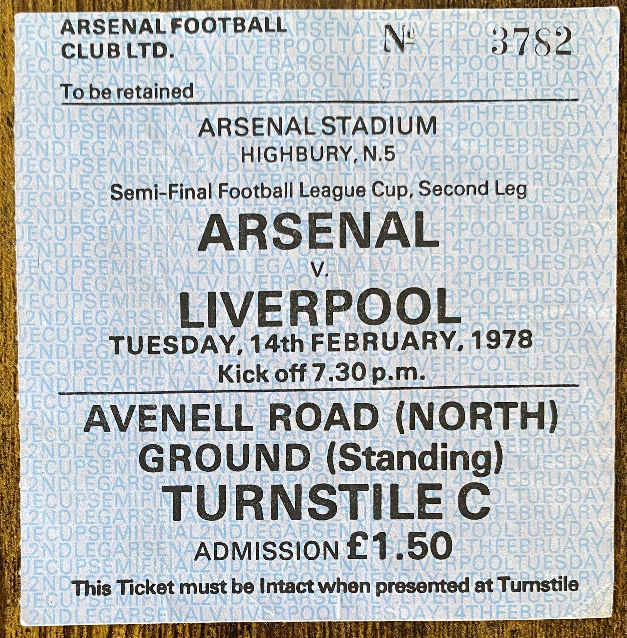 1977/78 ORIGINAL FOOTBALL LEAGUE CUP SEMI FINAL 2ND LEG TICKET ARSENAL V LIVERPOOL