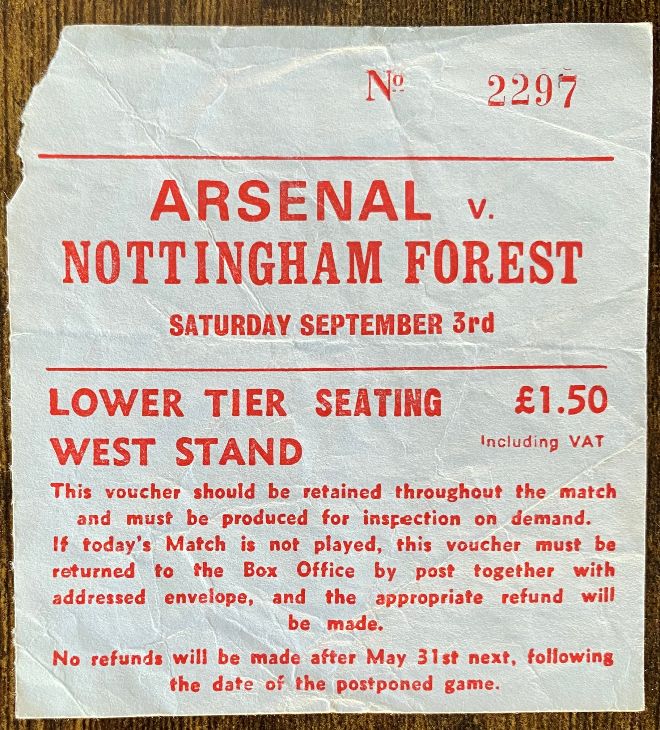 1977/78 ORIGINAL DIVISION ONE TICKET ARSENAL V NOTTINGHAM FOREST