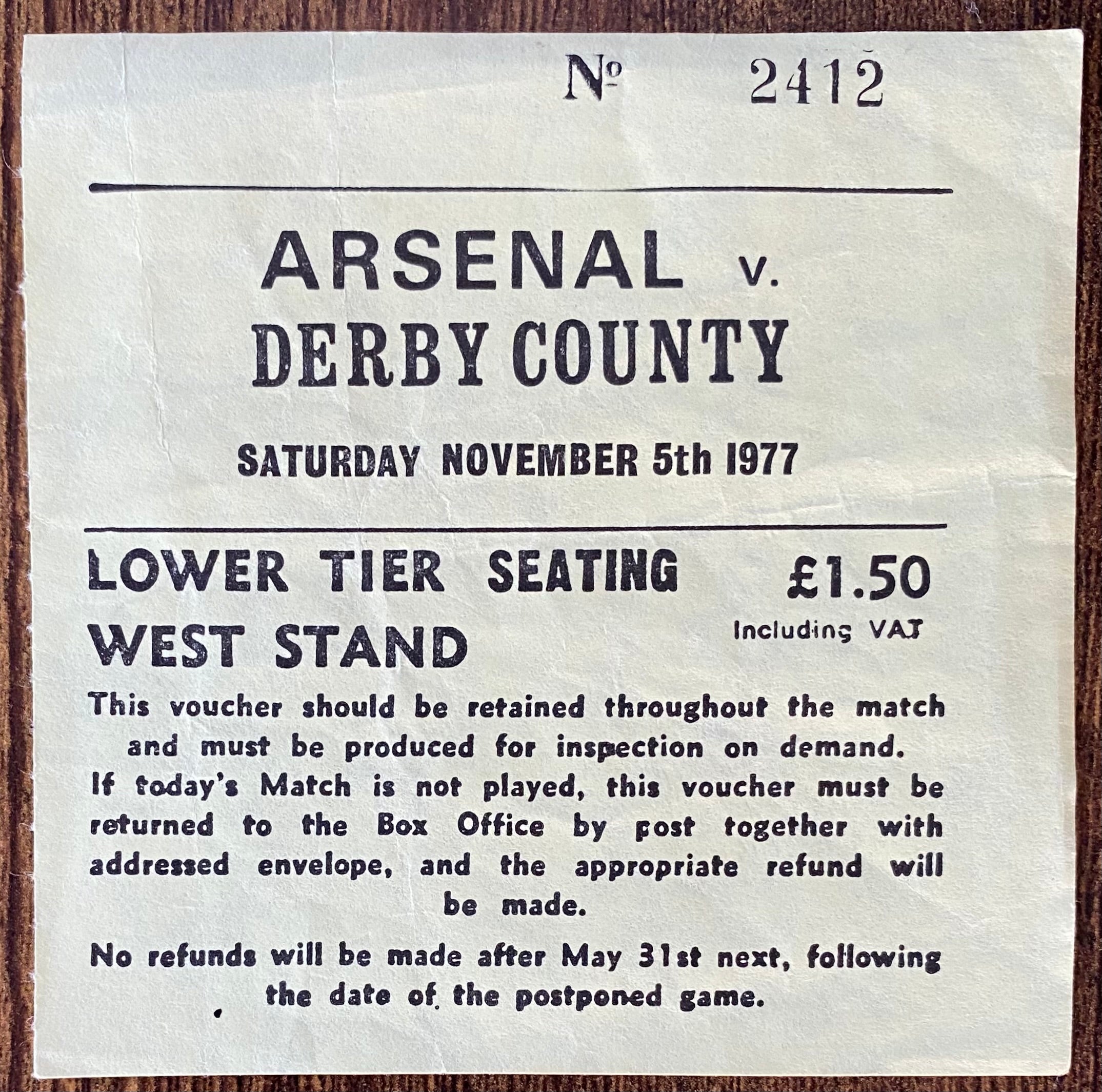 1977/78 ORIGINAL DIVISION ONE TICKET ARSENAL V DERBY COUNTY