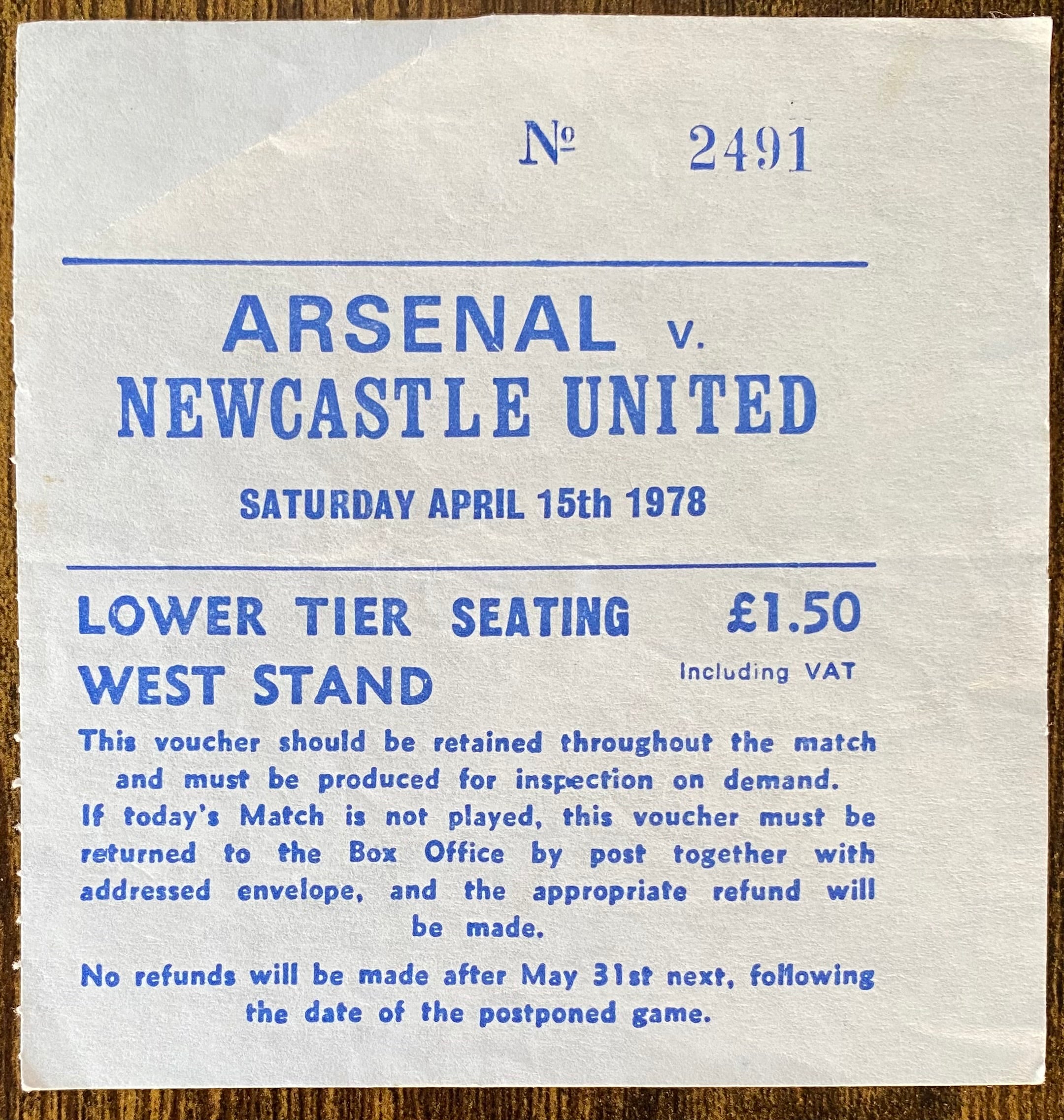 1977/78 ORIGINAL DIVISION ONE TICKET ARSENAL V NEWCASTLE UNITED