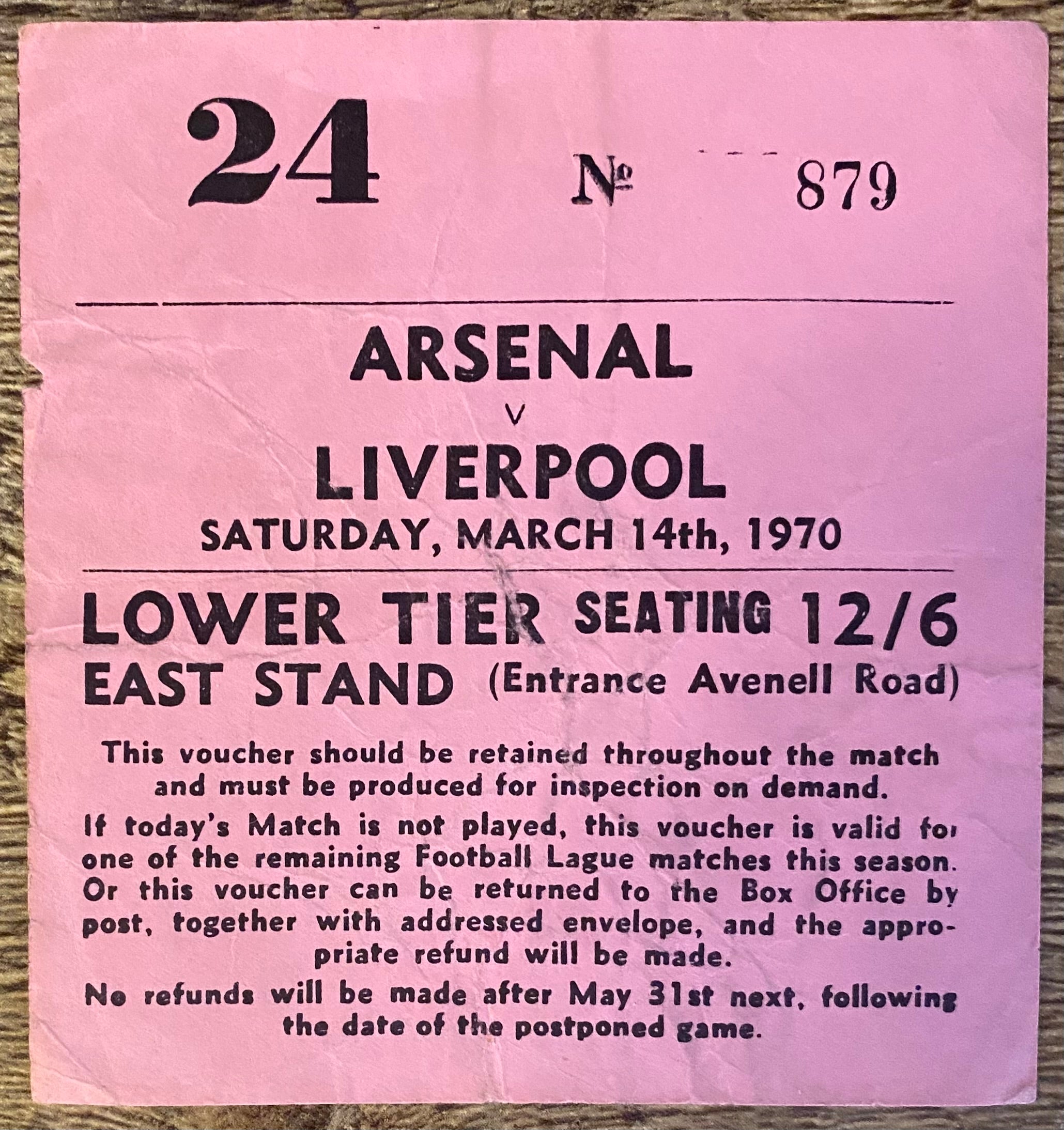 1969/70 ORIGINAL DIVISION ONE TICKET ARSENAL V LIVERPOOL