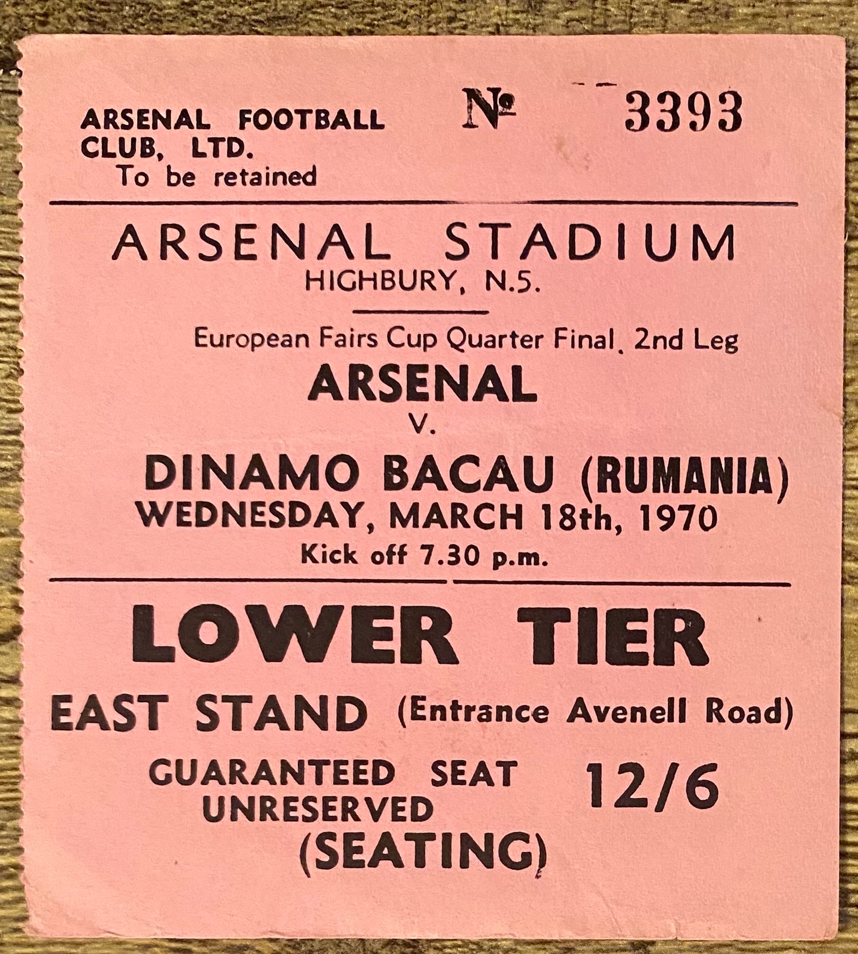1969/70 ORIGINAL EUROPEAN FAIRS CUP QUARTER FINAL 2ND LEG TICKET ARSENAL V DINAMO BACAU