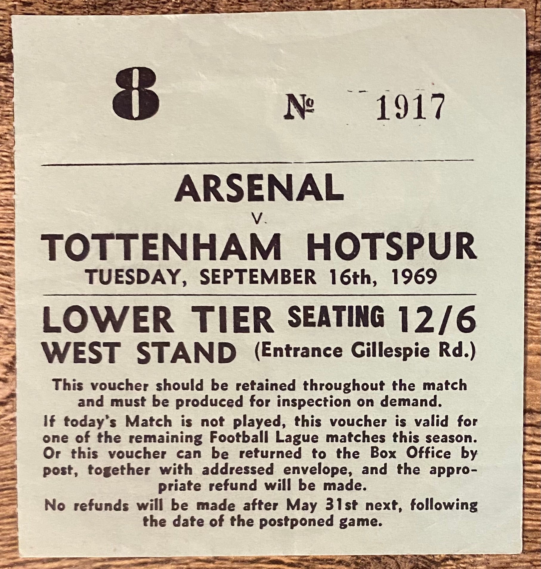 1969/70 ORIGINAL DIVISION ONE TICKET ARSENAL V TOTTENHAM HOTSPUR