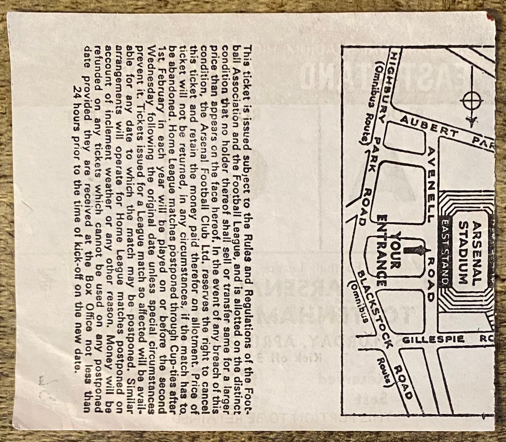 1974/75 ORIGINAL DIVISION ONE TICKET ARSENAL V TOTTENHAM HOTSPUR