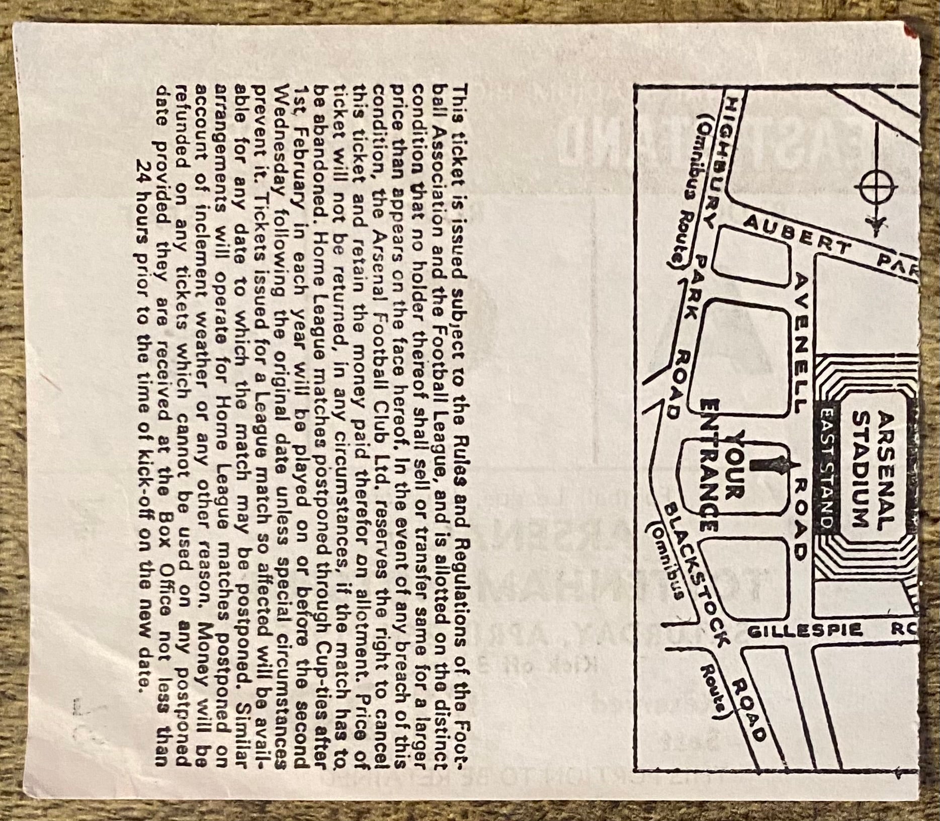 1974/75 ORIGINAL DIVISION ONE TICKET ARSENAL V TOTTENHAM HOTSPUR