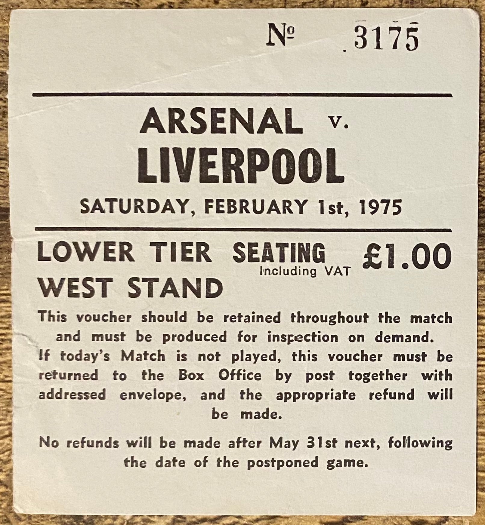1974/75 ORIGINAL DIVISION ONE TICKET ARSENAL V LIVERPOOL