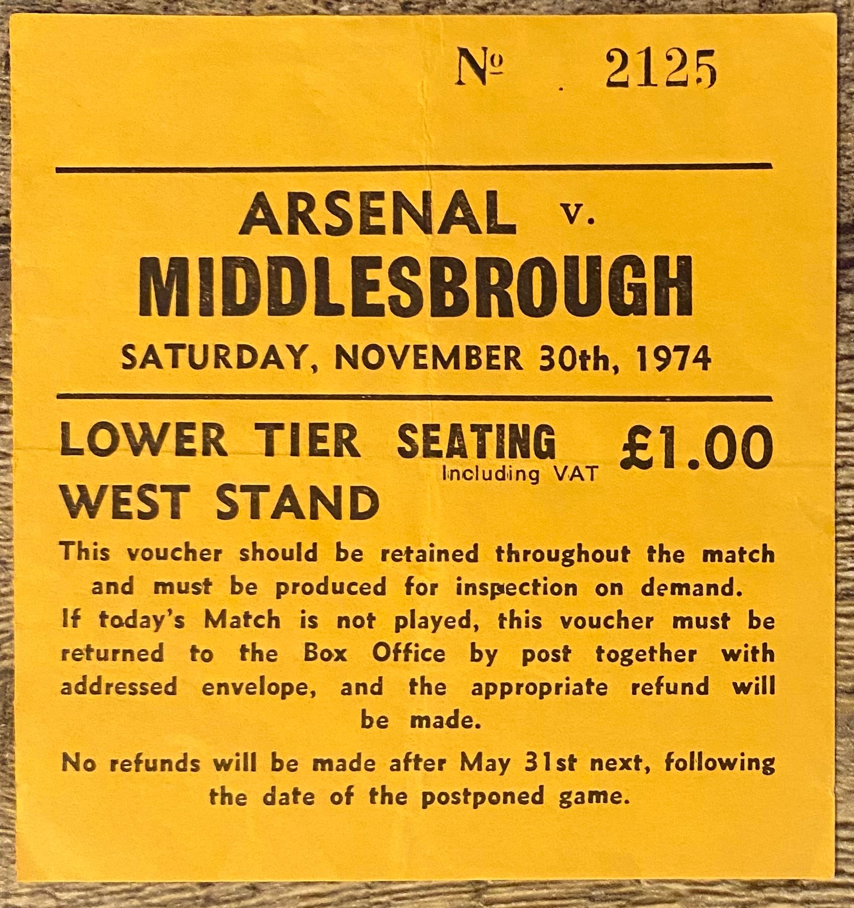 1974/75 ORIGINAL DIVISION ONE TICKET ARSENAL V MIDDLESBROUGH