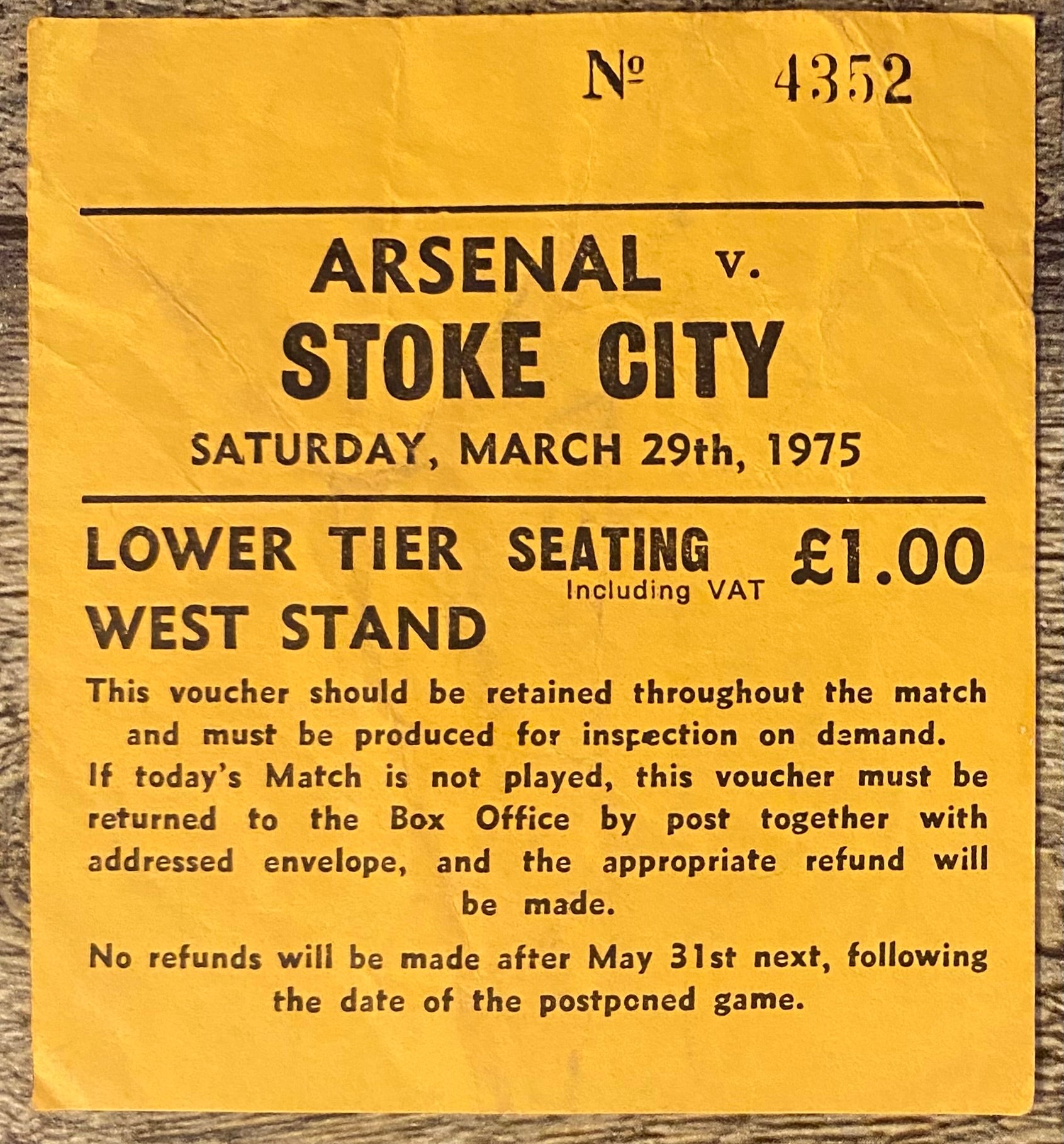 1974/75 ORIGINAL DIVISION ONE TICKET ARSENAL V STOKE CITY