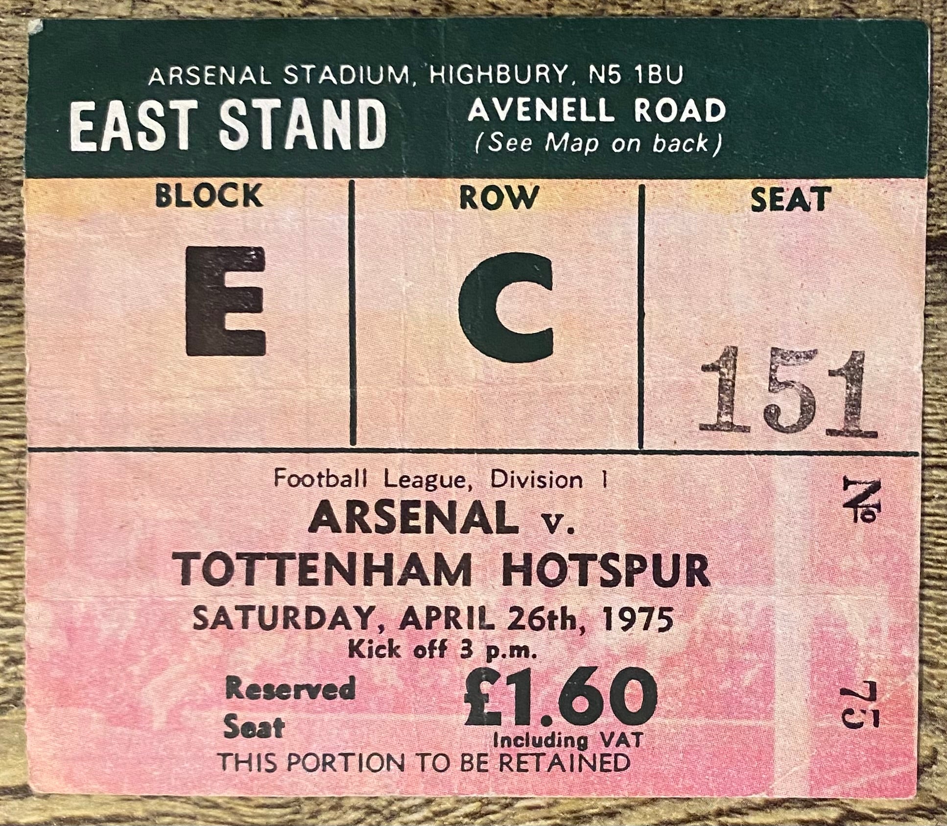 1974/75 ORIGINAL DIVISION ONE TICKET ARSENAL V TOTTENHAM HOTSPUR