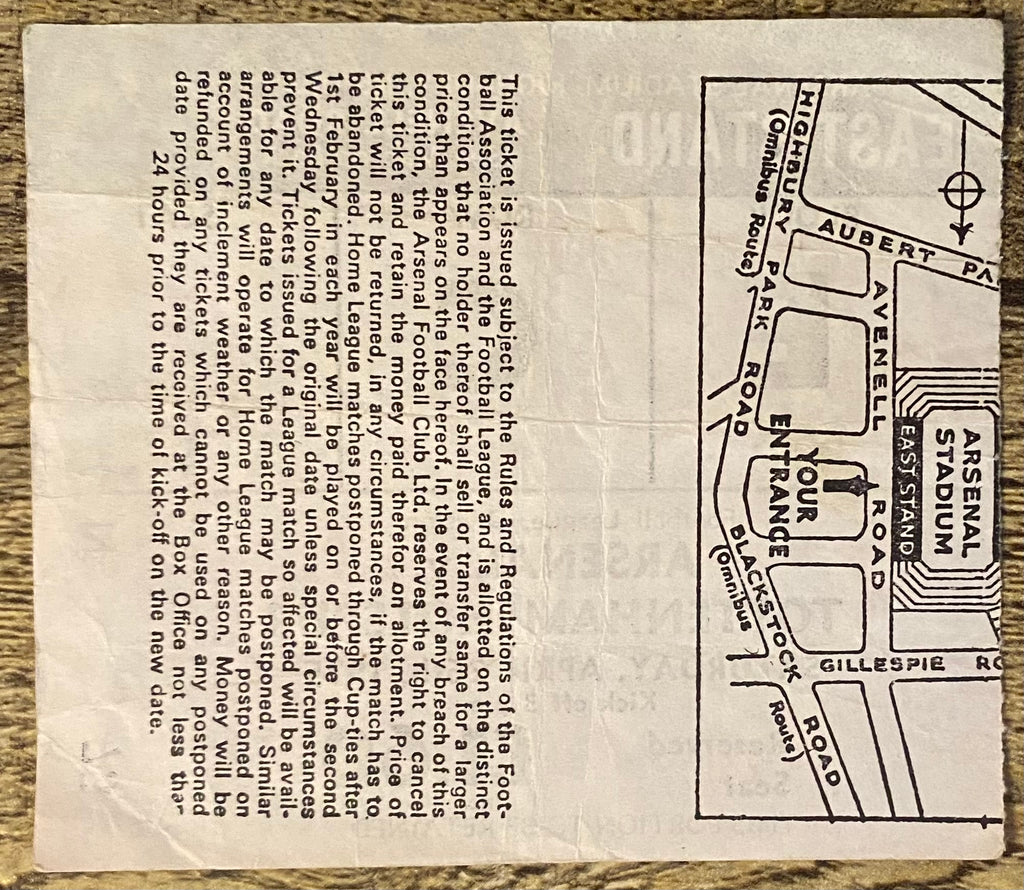1974/75 ORIGINAL DIVISION ONE TICKET ARSENAL V TOTTENHAM HOTSPUR