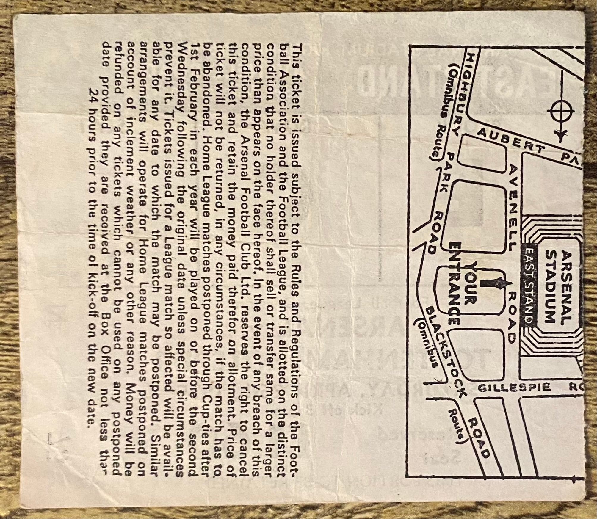 1974/75 ORIGINAL DIVISION ONE TICKET ARSENAL V TOTTENHAM HOTSPUR