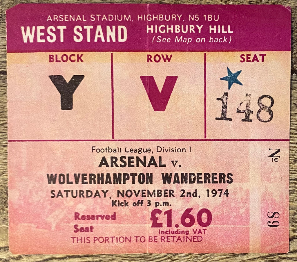 1974/75 ORIGINAL DIVISION ONE TICKET ARSENAL V WOLVERHAMPTON WANDERERS
