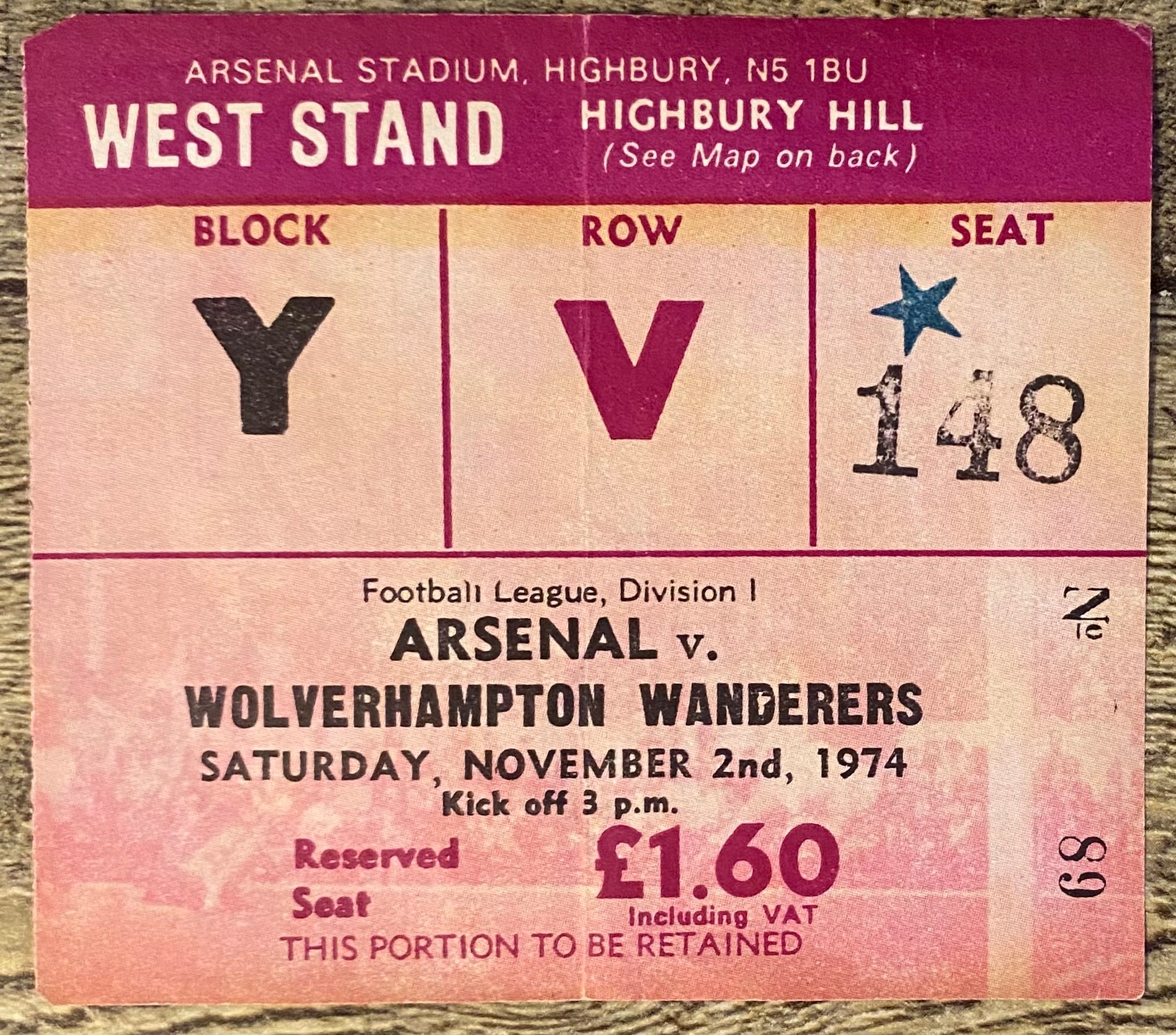 1974/75 ORIGINAL DIVISION ONE TICKET ARSENAL V WOLVERHAMPTON WANDERERS