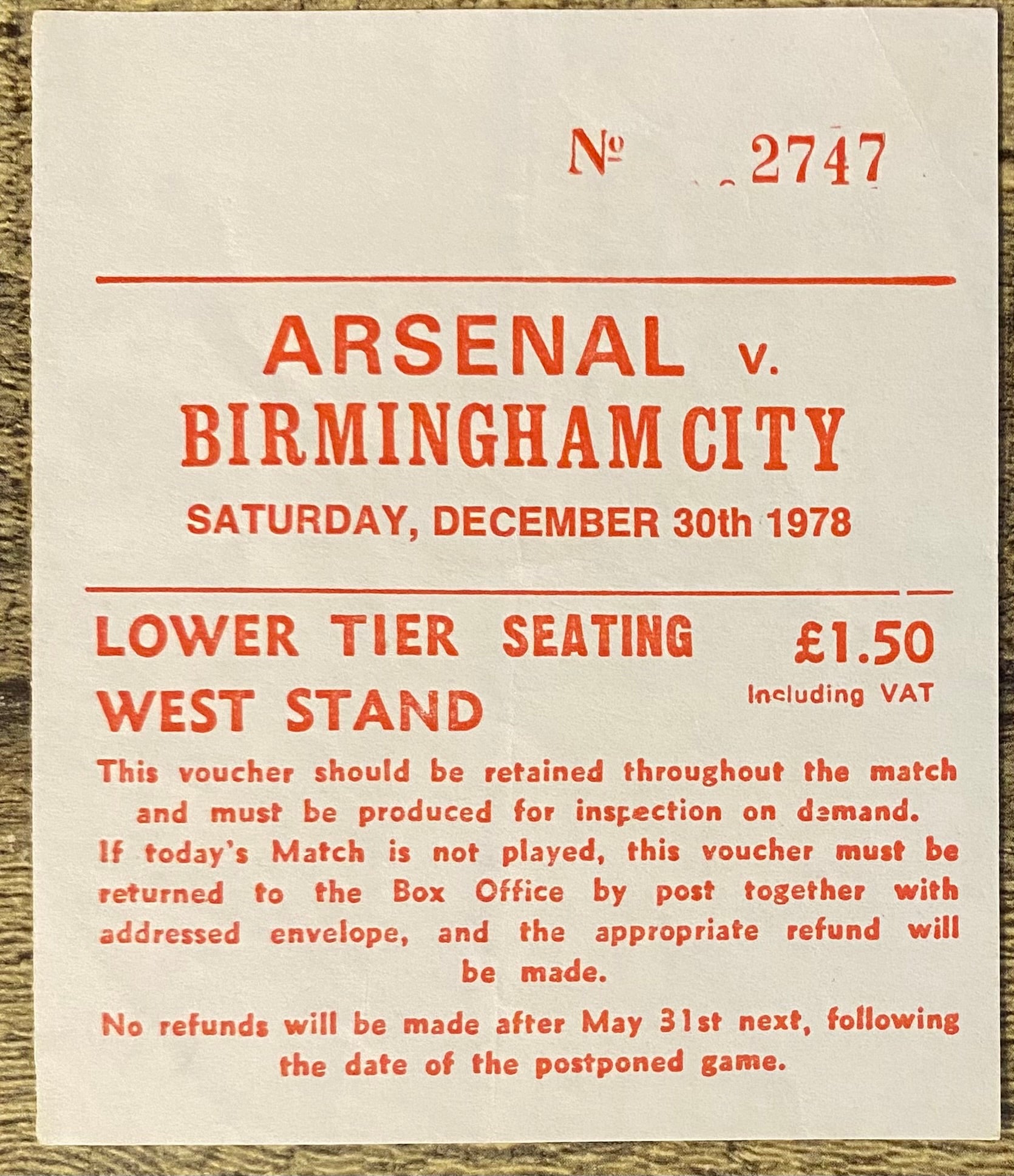 1978/79 ORIGINAL DIVISION ONE TICKET ARSENAL V BIRMINGHAM CITY
