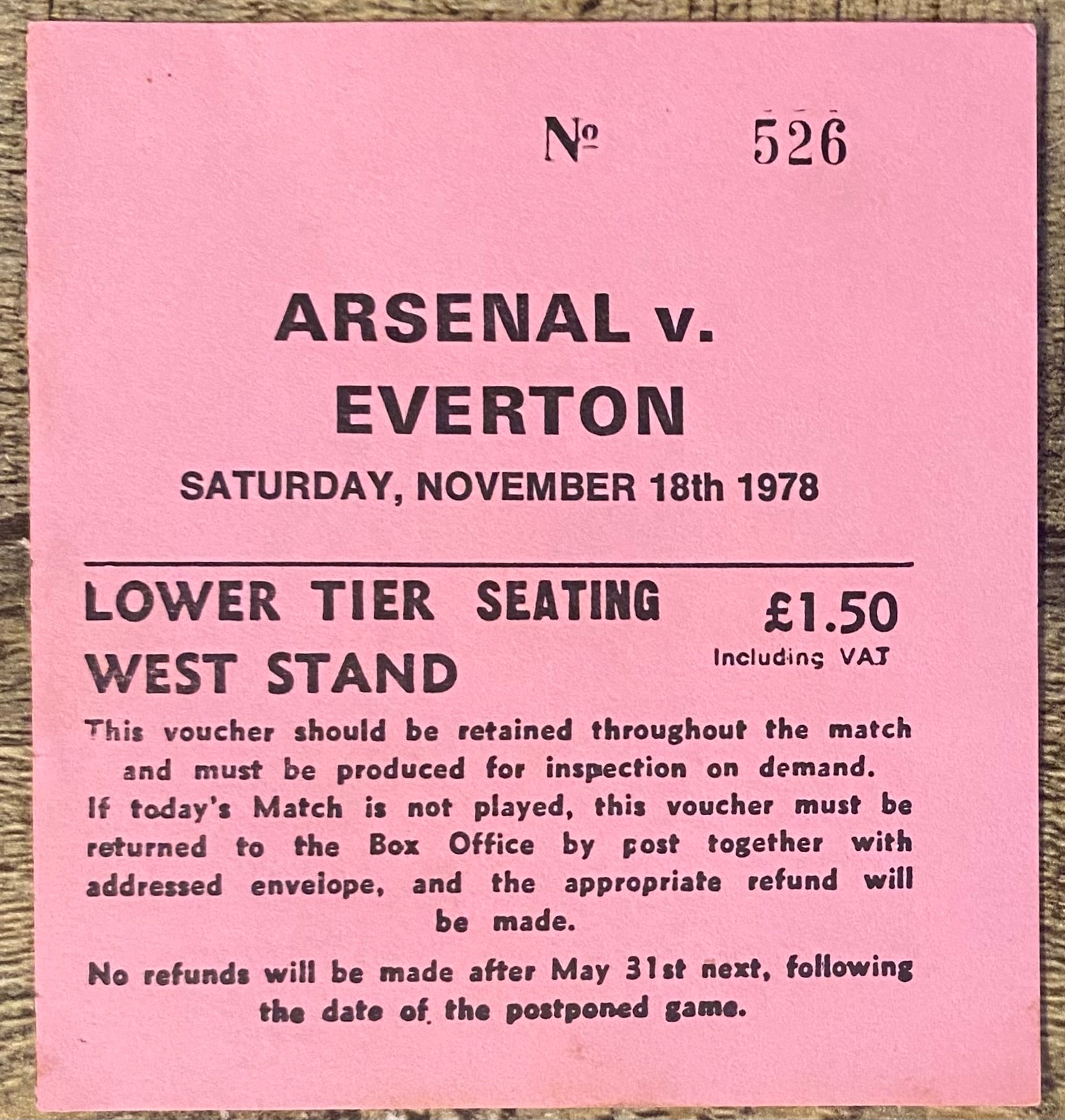 1978/79 ORIGINAL DIVISION ONE TICKET ARSENAL V EVERTON