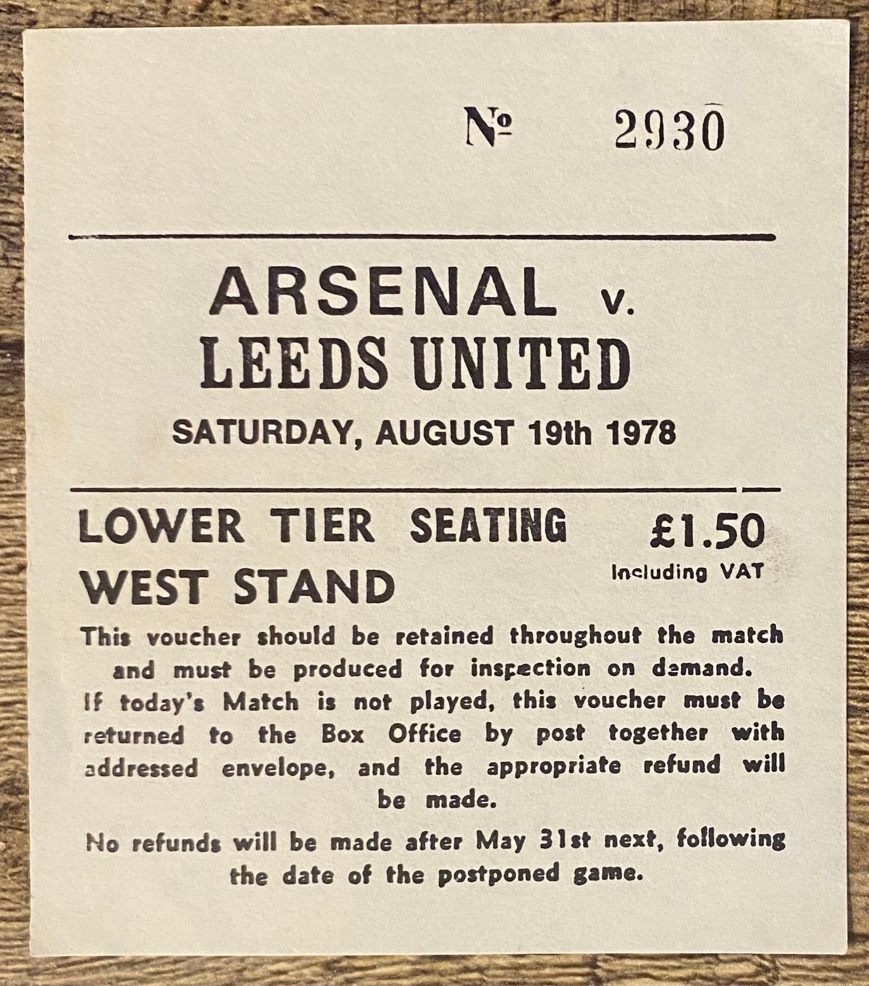 1978/79 ORIGINAL DIVISION ONE TICKET ARSENAL V LEEDS UNITED