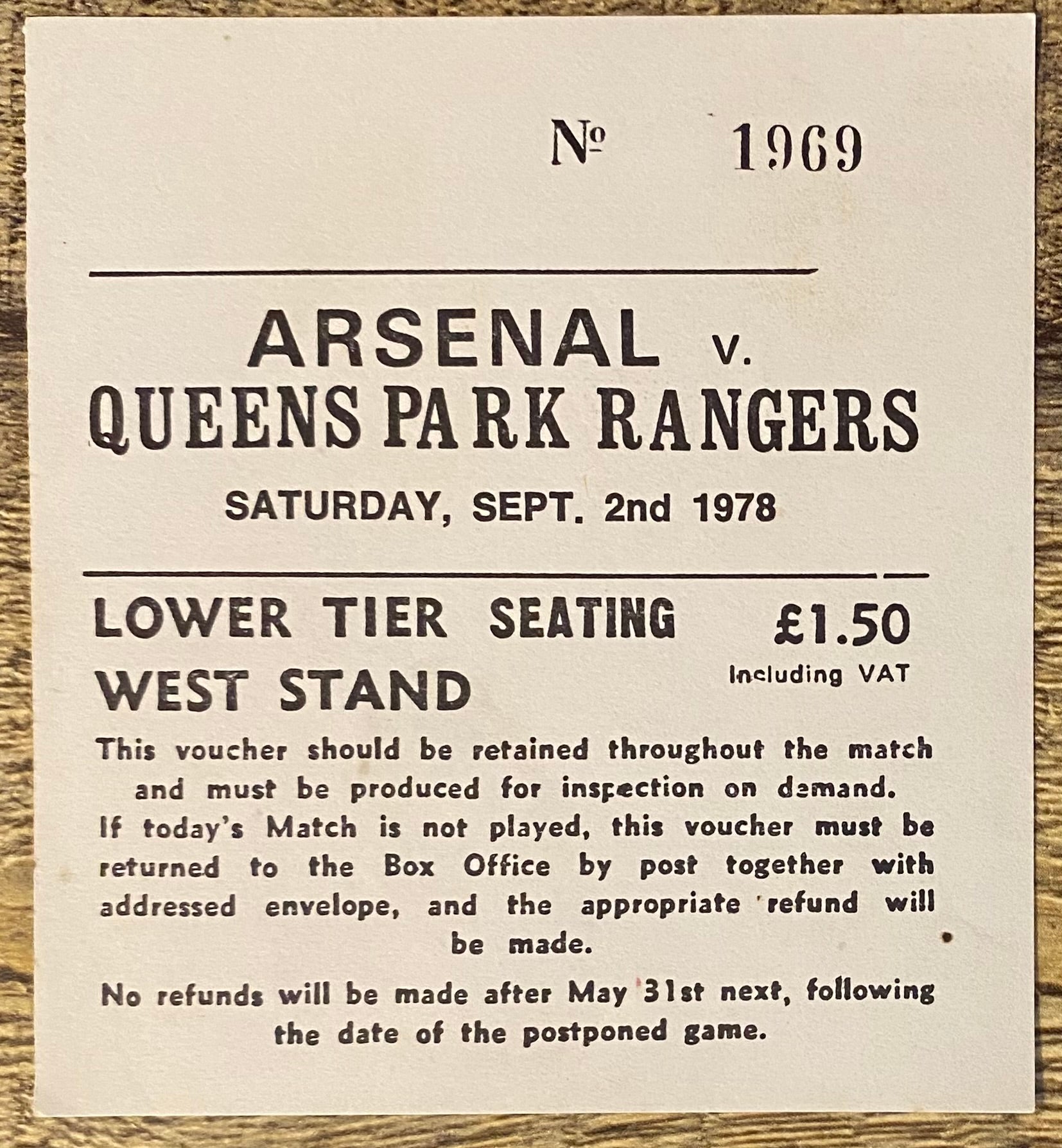 1978/79 ORIGINAL DIVISION ONE TICKET ARSENAL V QUEENS PARK RANGERS
