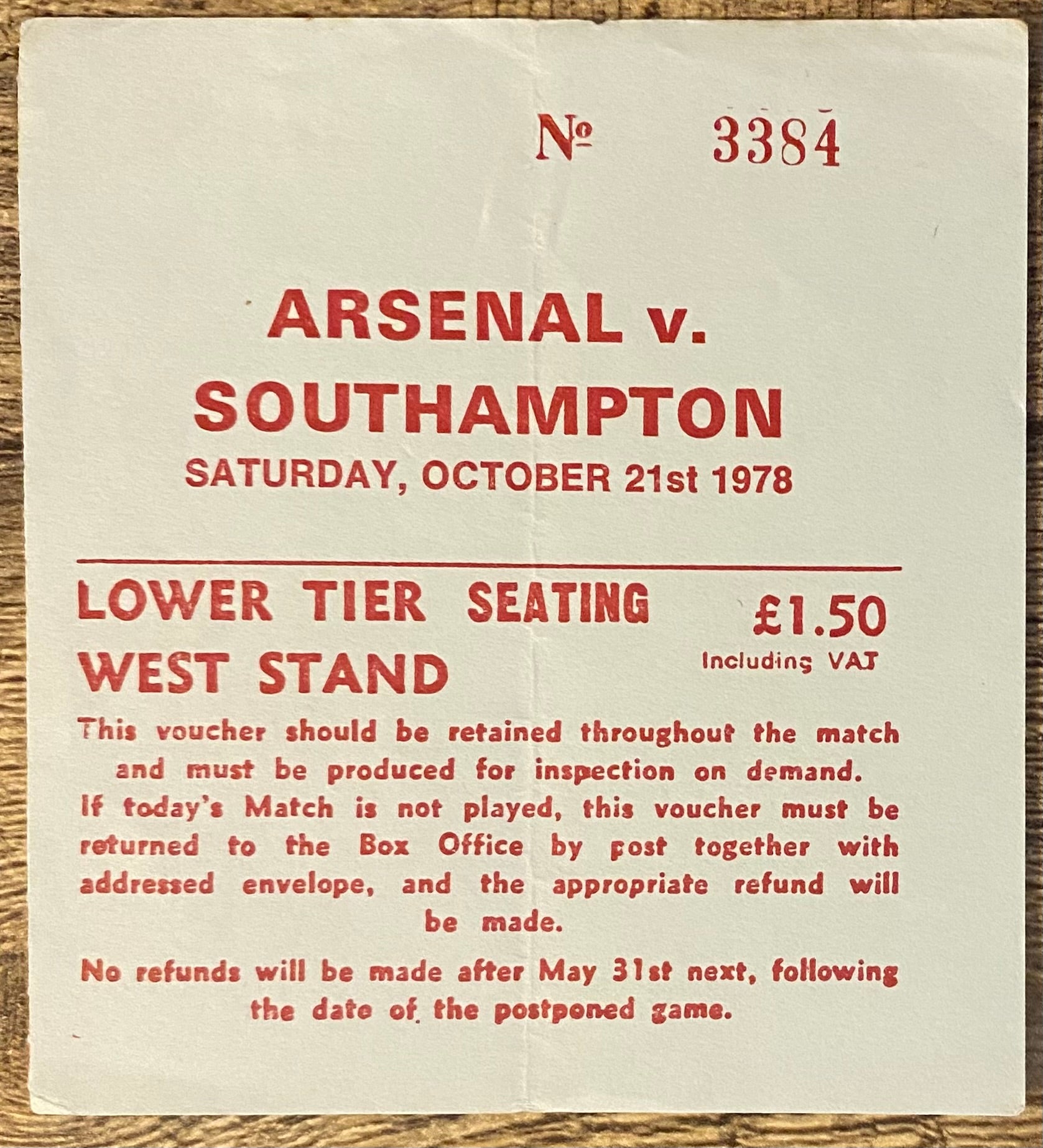 1978/79 ORIGINAL DIVISION ONE TICKET ARSENAL V SOUTHAMPTON