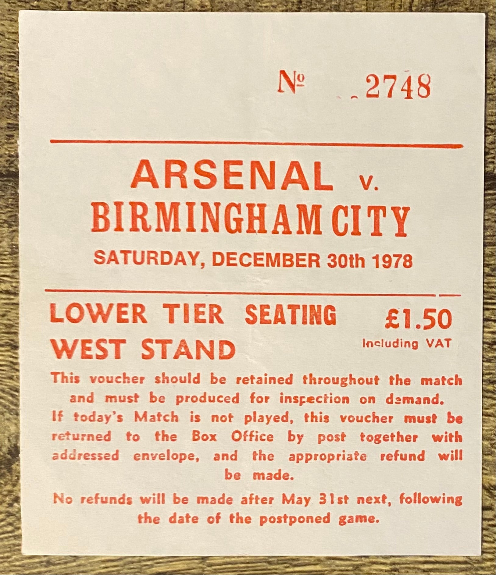 1978/79 ORIGINAL DIVISION ONE TICKET ARSENAL V BIRMINGHAM CITY