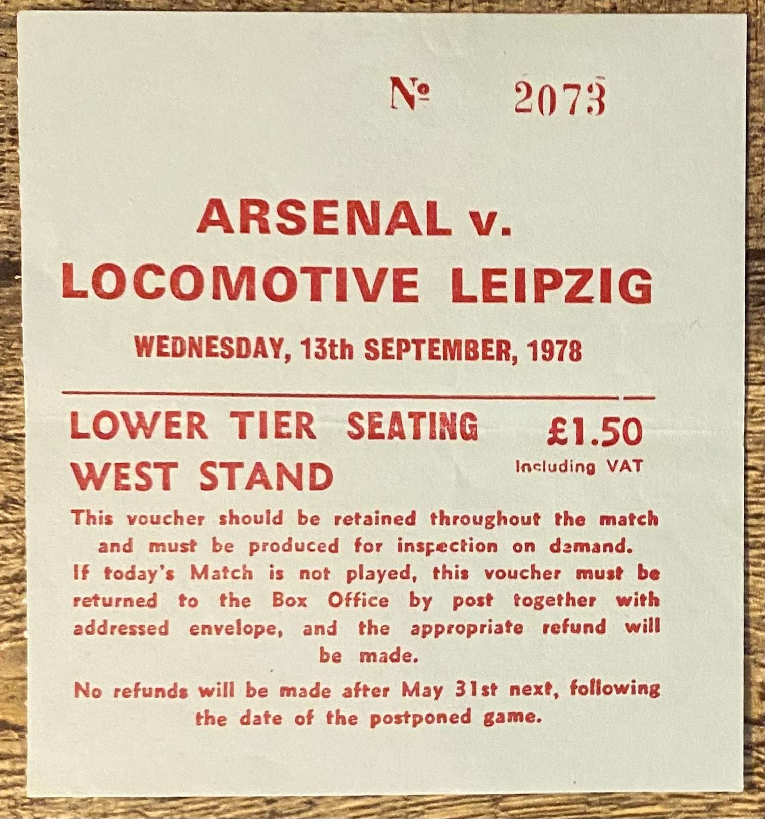 1978/79 ORIGINAL UEFA CUP 1ST ROUND 1ST LEG TICKET ARSENAL V LOCOMOTIV LEIPZIG