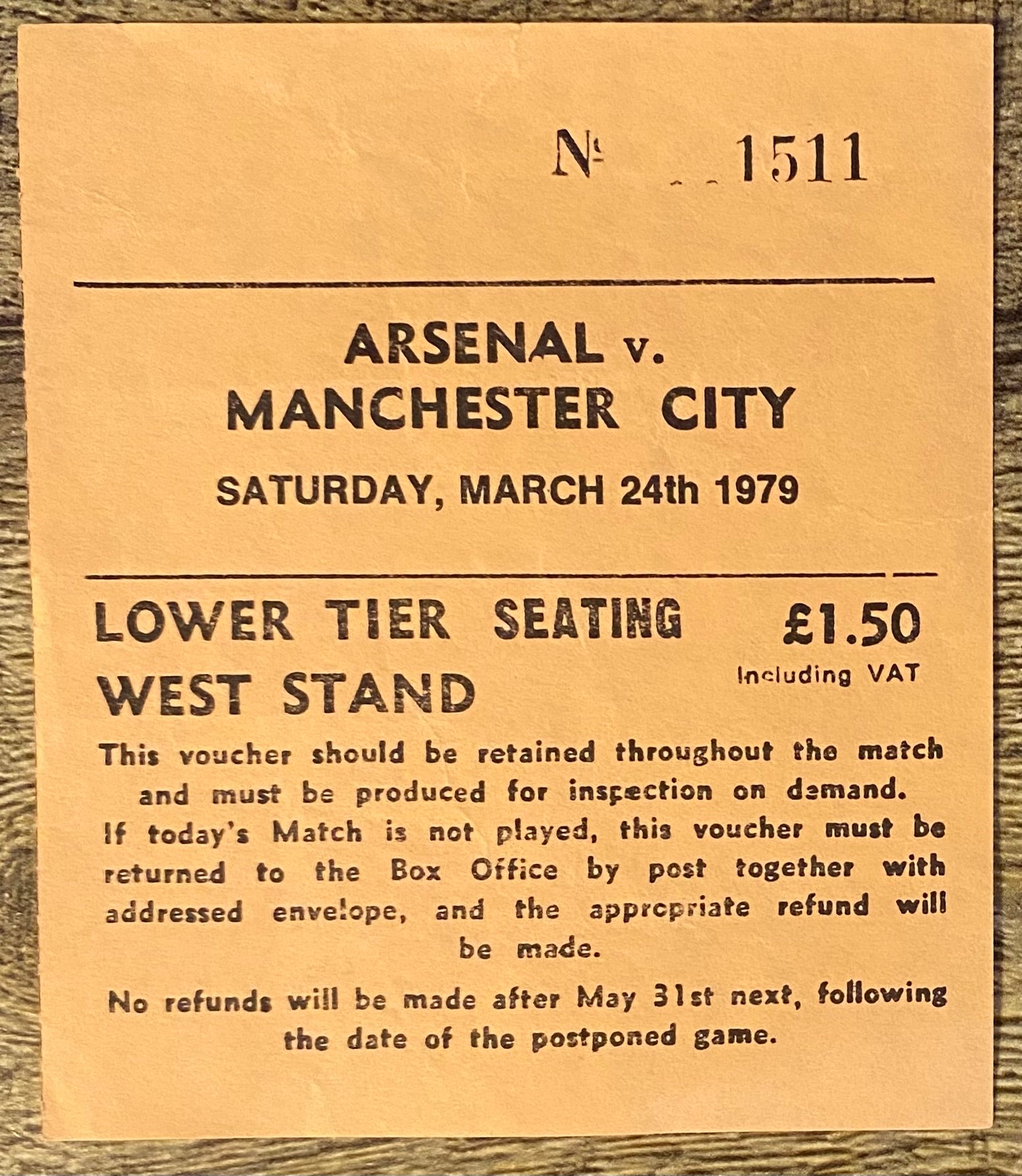 1978/79 ORIGINAL DIVISION ONE TICKET ARSENAL V MANCHESTER CITY