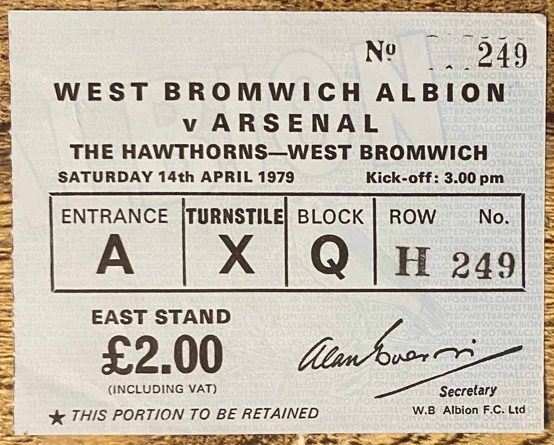1978/79 ORIGINAL DIVISION ONE TICKET WEST BROMWICH ALBION V ARSENAL