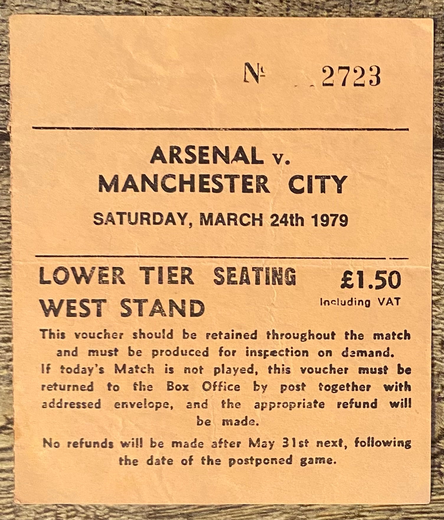 1978/79 ORIGINAL DIVISION ONE TICKET ARSENAL V MANCHESTER CITY