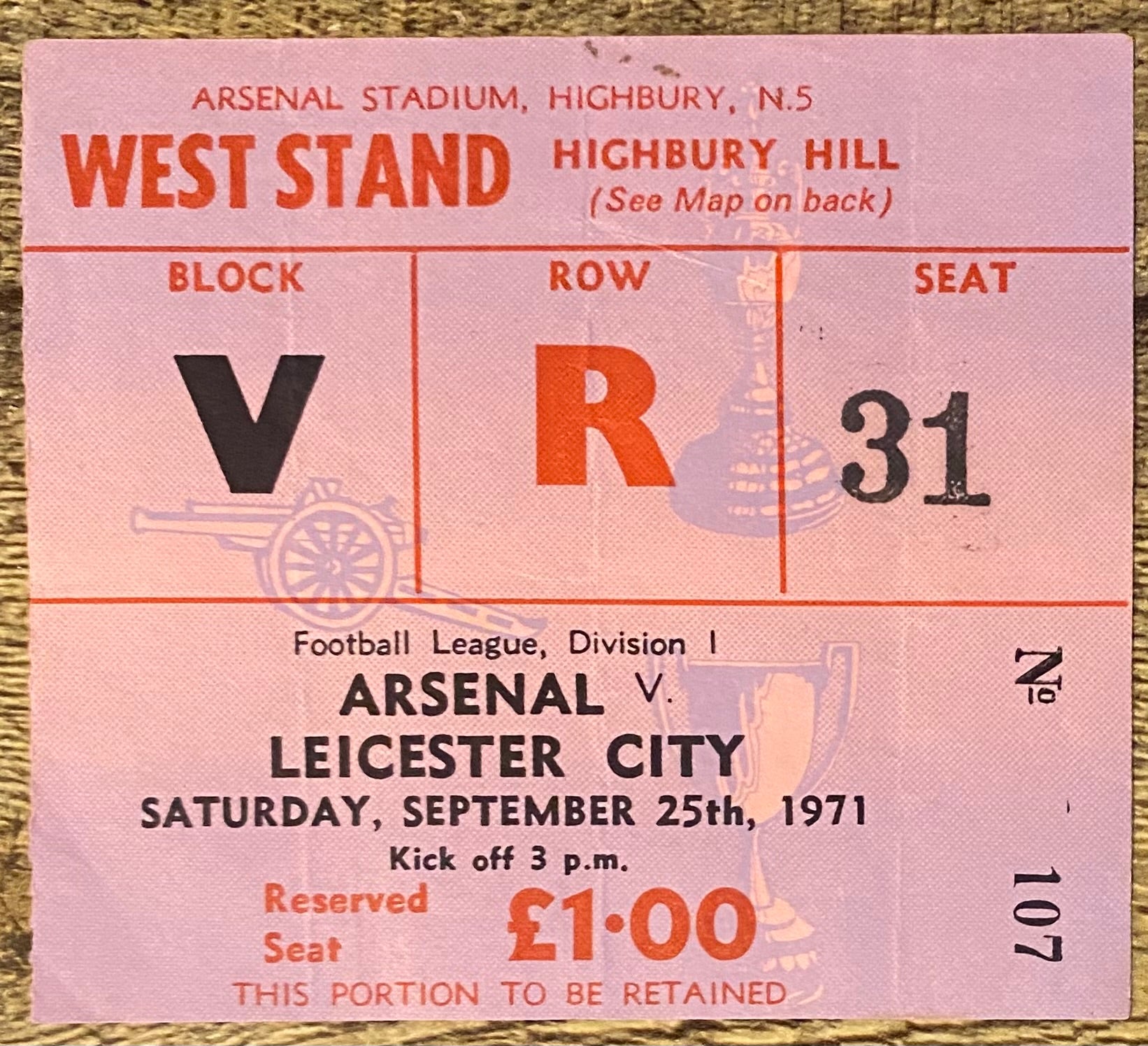 1971/72 ORIGINAL DIVISION ONE TICKET ARSENAL V LEICESTER CITY