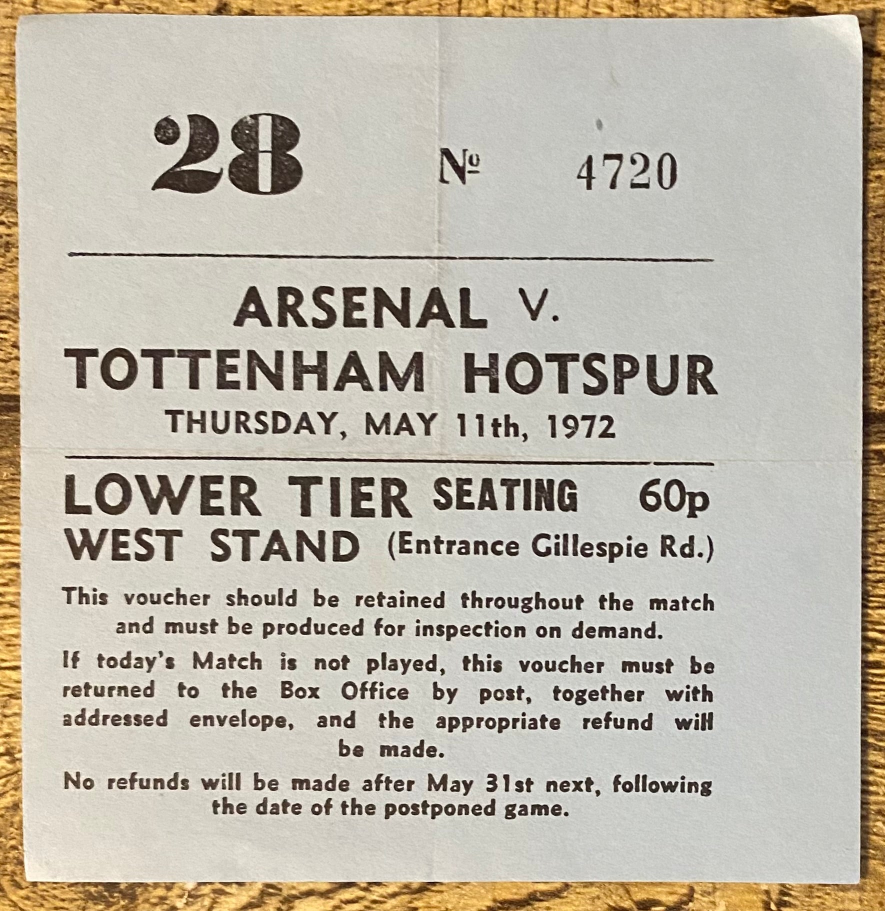 1971/72 ORIGINAL DIVISION ONE TICKET ARSENAL V TOTTENHAM HOTSPUR