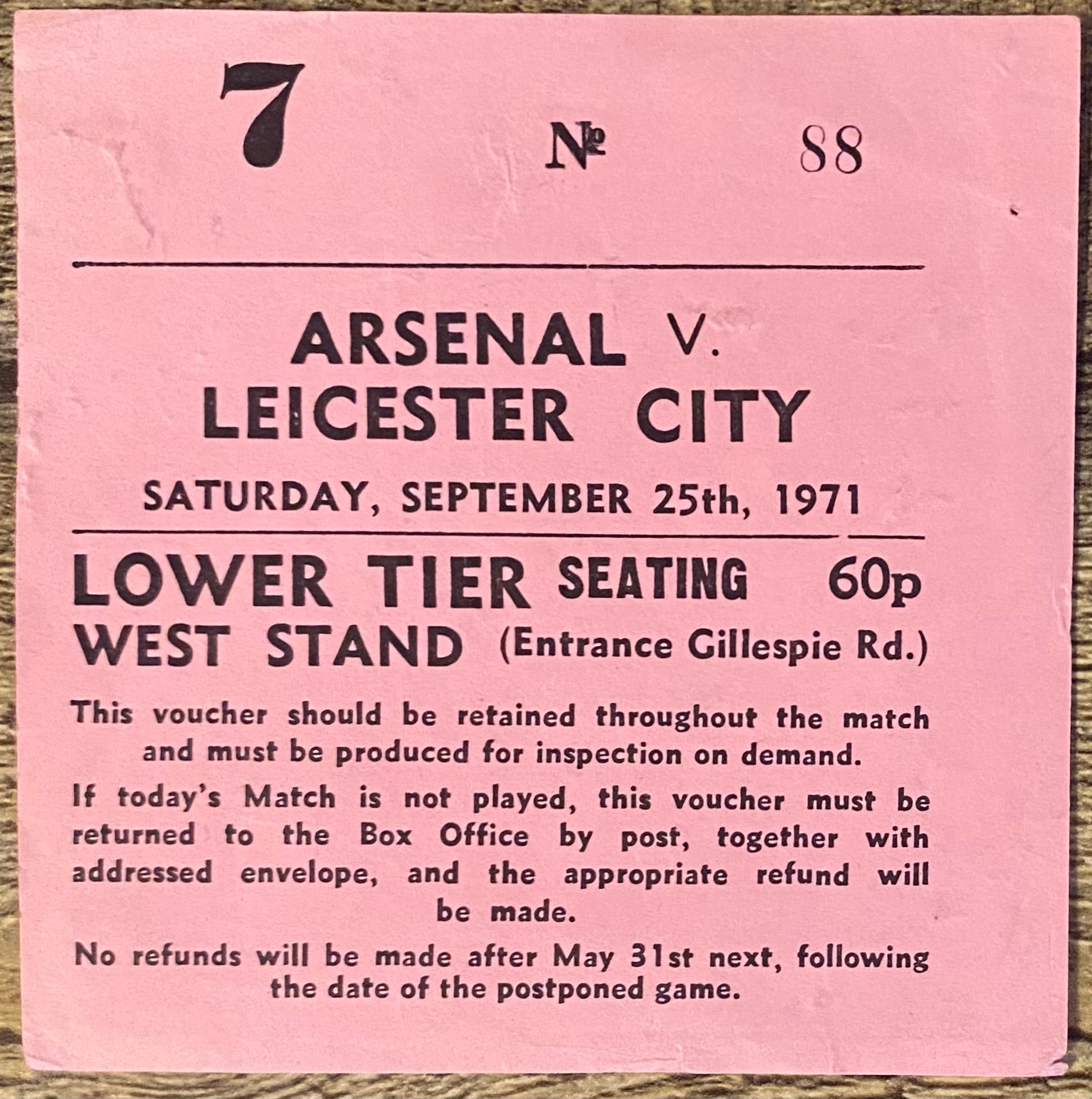 1971/72 ORIGINAL DIVISION ONE TICKET ARSENAL V LEICESTER CITY