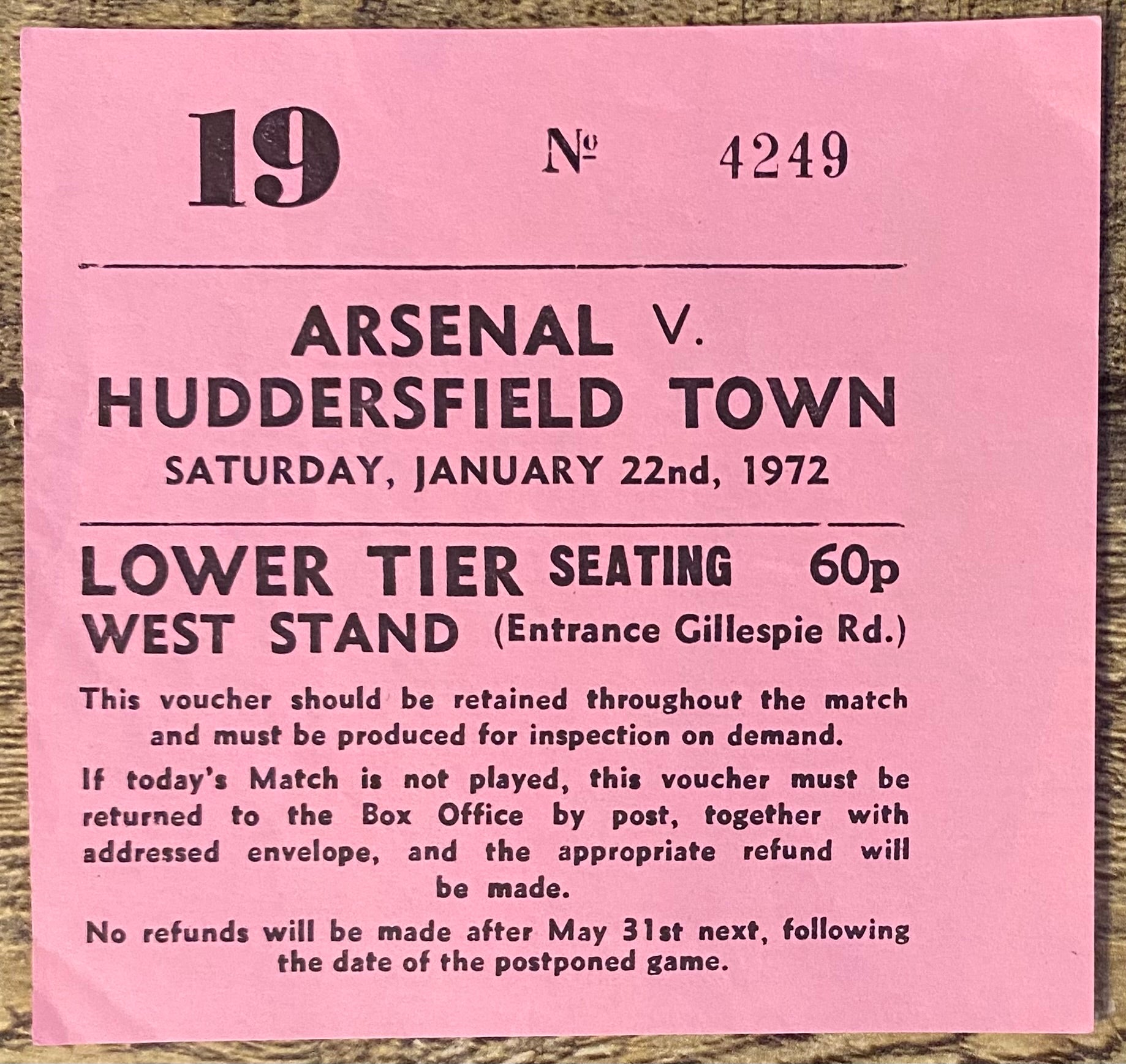 1971/72 ORIGINAL DIVISION ONE TICKET ARSENAL V HUDDERSFIELD TOWN