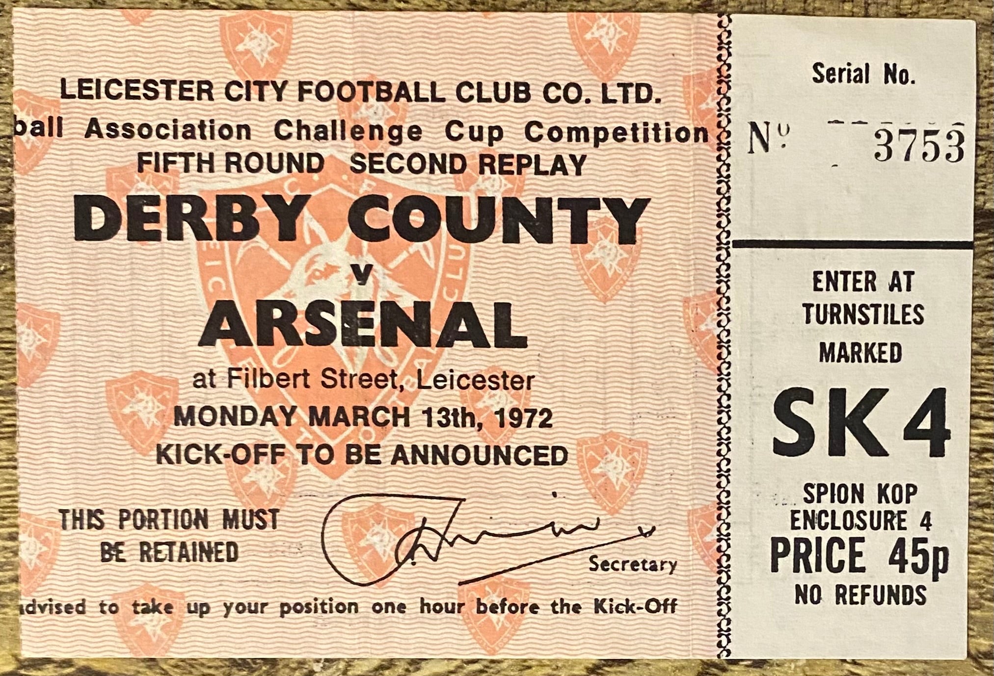 1971/72 ORIGINAL FA CUP 5TH ROUND 2ND REPLAY TICKET DERBY COUNTY V ARSENAL @ FILBERT STREET
