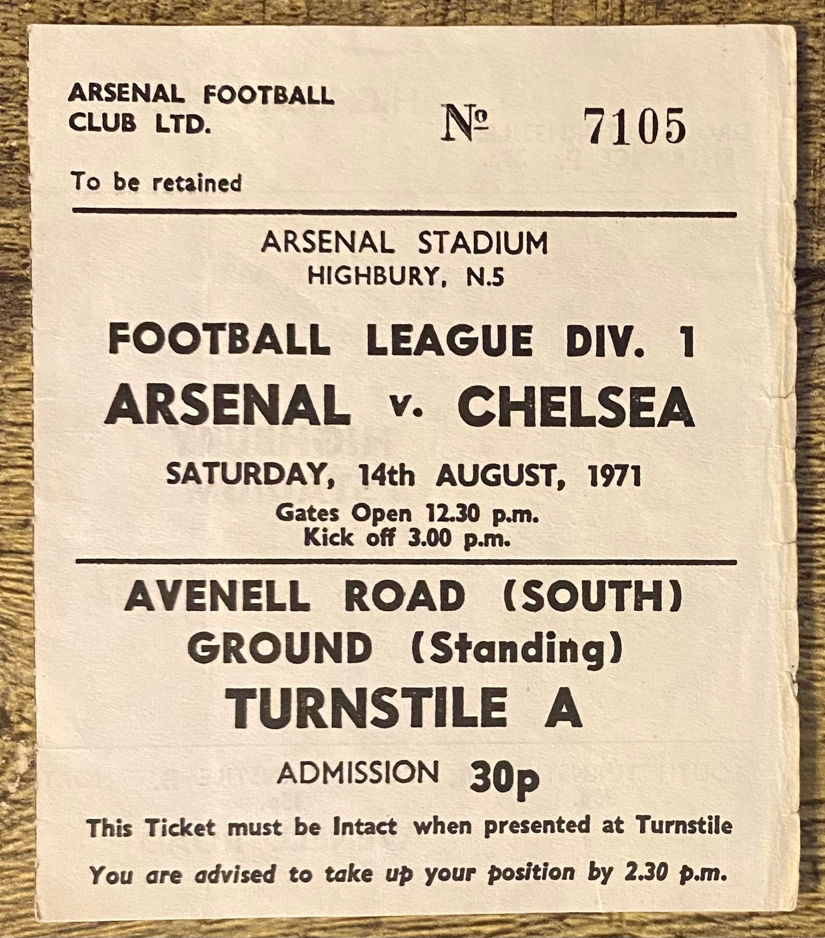 1971/72 ORIGINAL DIVISION ONE TICKET ARSENAL V CHELSEA