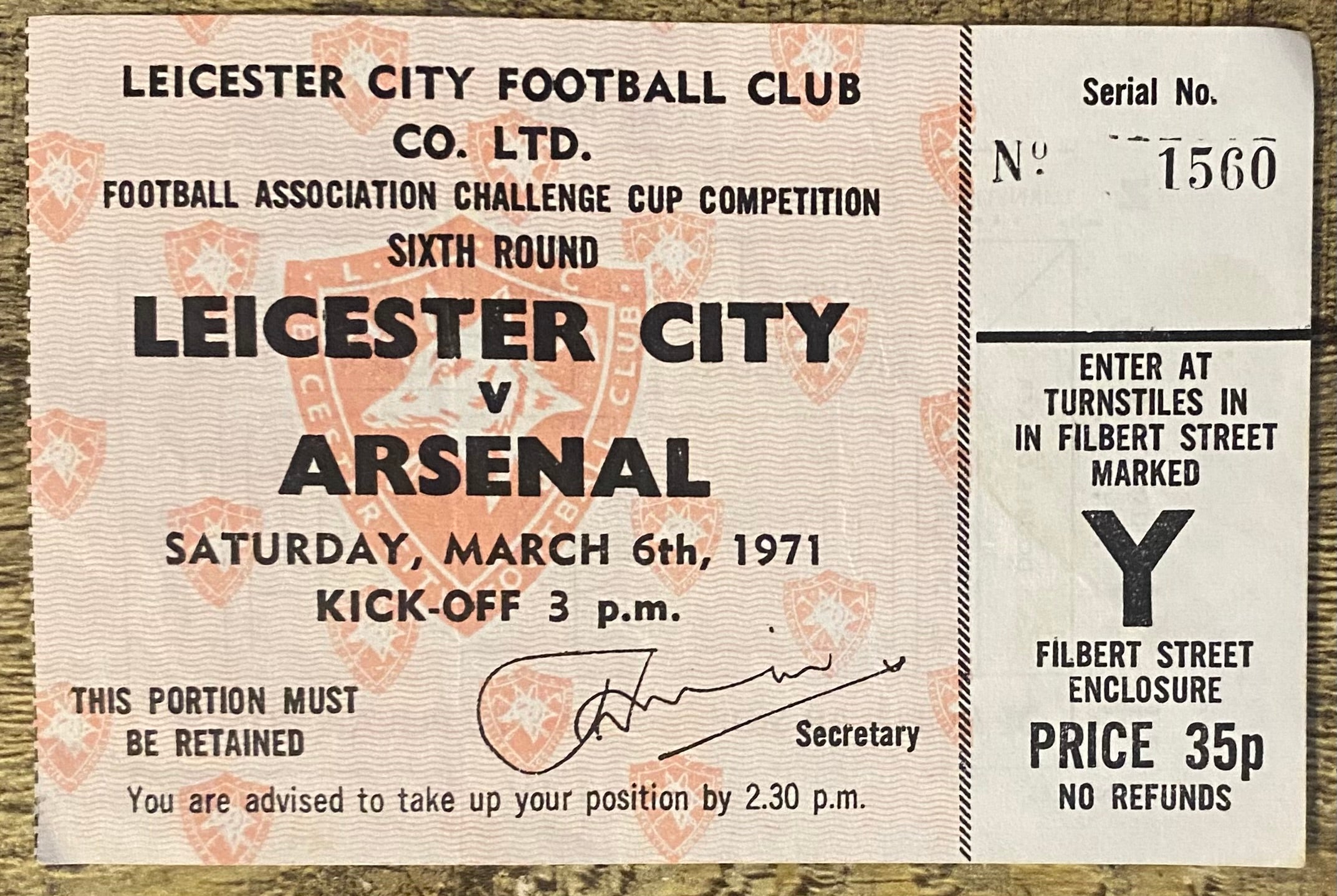 1970/71 ORIGINAL FA CUP 6TH ROUND TICKET LEICESTER CITY V ARSENAL