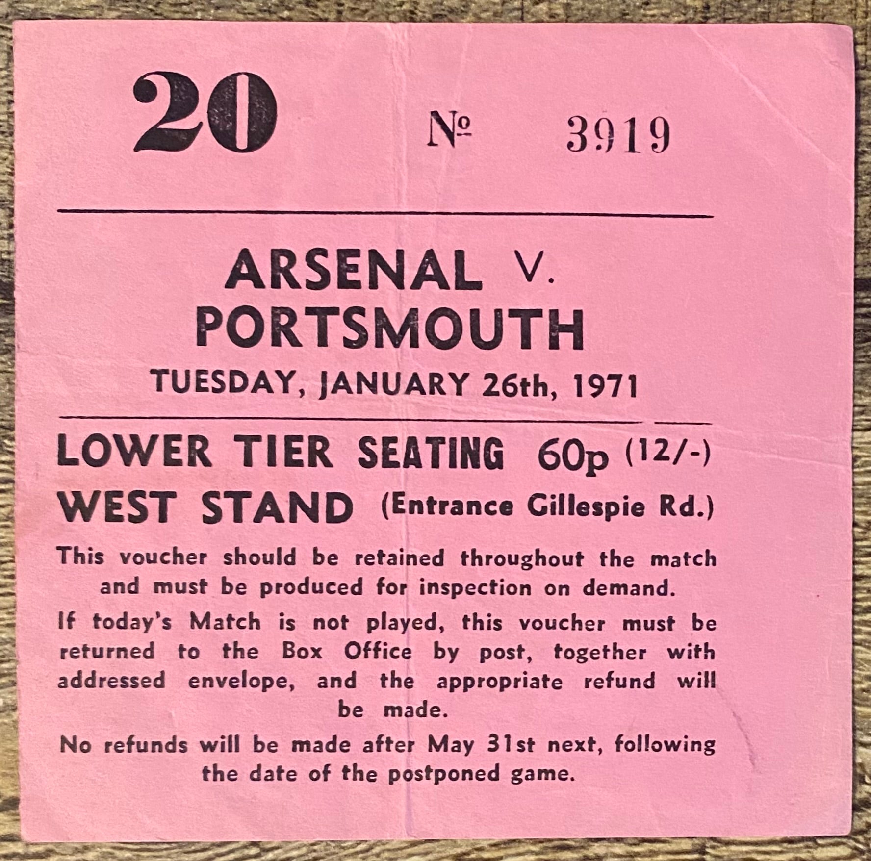 1970/71 ORIGINAL FA CUP 4TH ROUND REPLAY TICKET ARSENAL V PORTSMOUTH