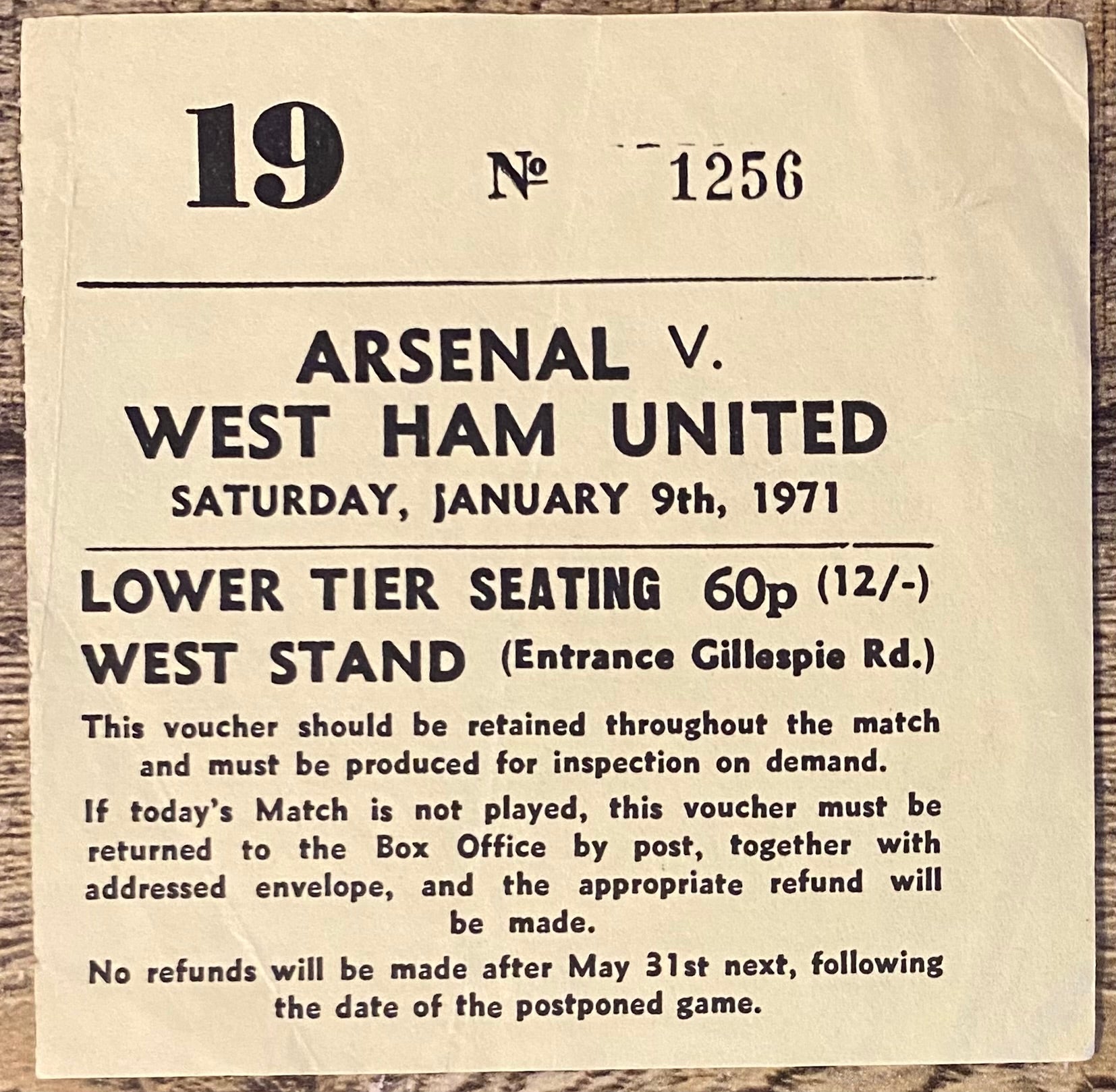 1970/71 ORIGINAL DIVISION ONE TICKET ARSENAL V WEST HAM UNITED