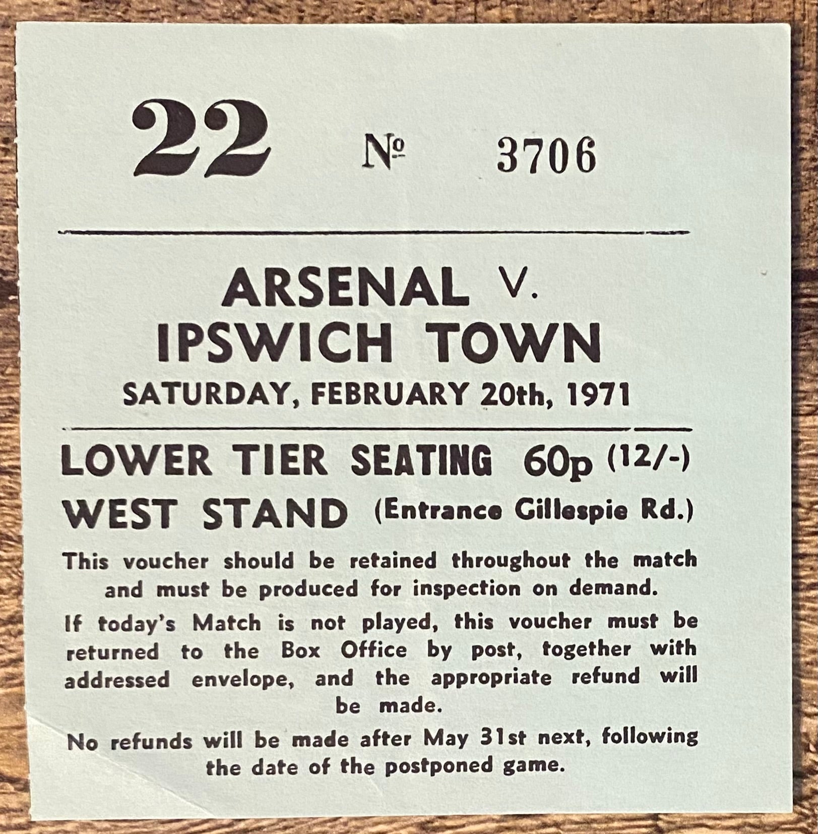 1970/71 ORIGINAL DIVISION ONE TICKET ARSENAL V IPSWICH TOWN
