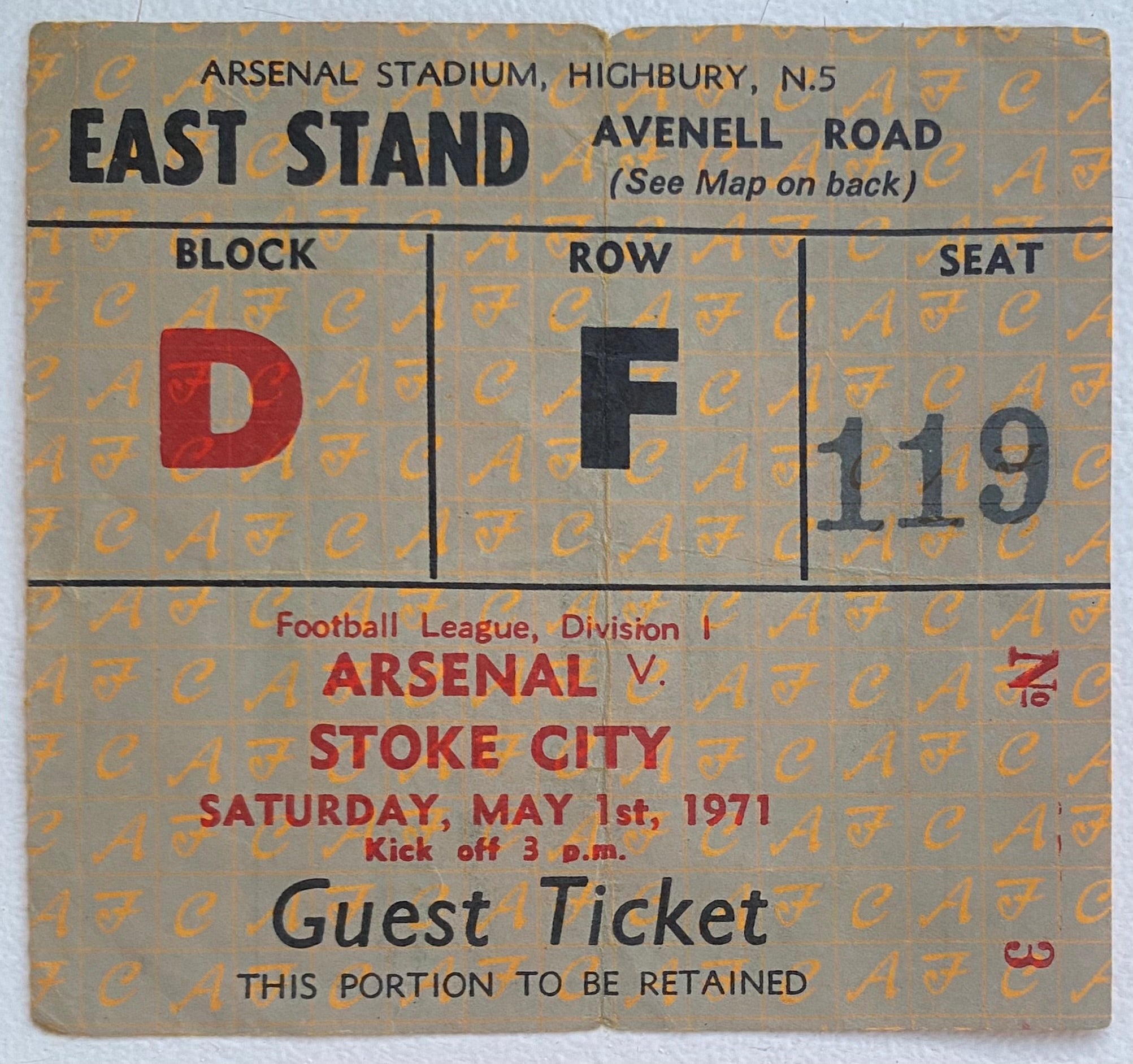 1970/71 ORIGINAL DIVISION ONE TICKET ARSENAL V STOKE CITY
